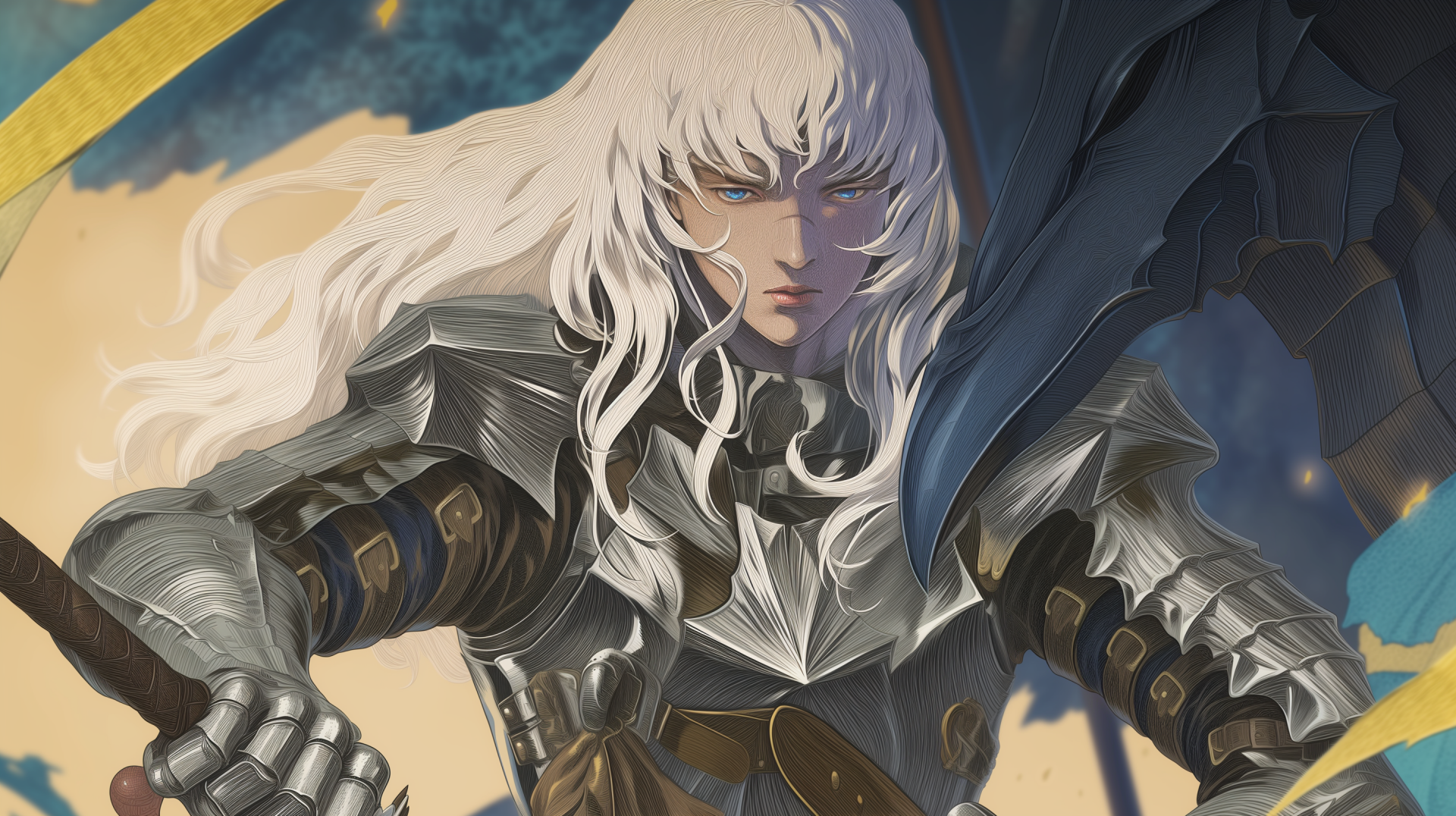 HD wallpaper featuring Griffith from the anime Berserk, poised in armor with a determined expression.