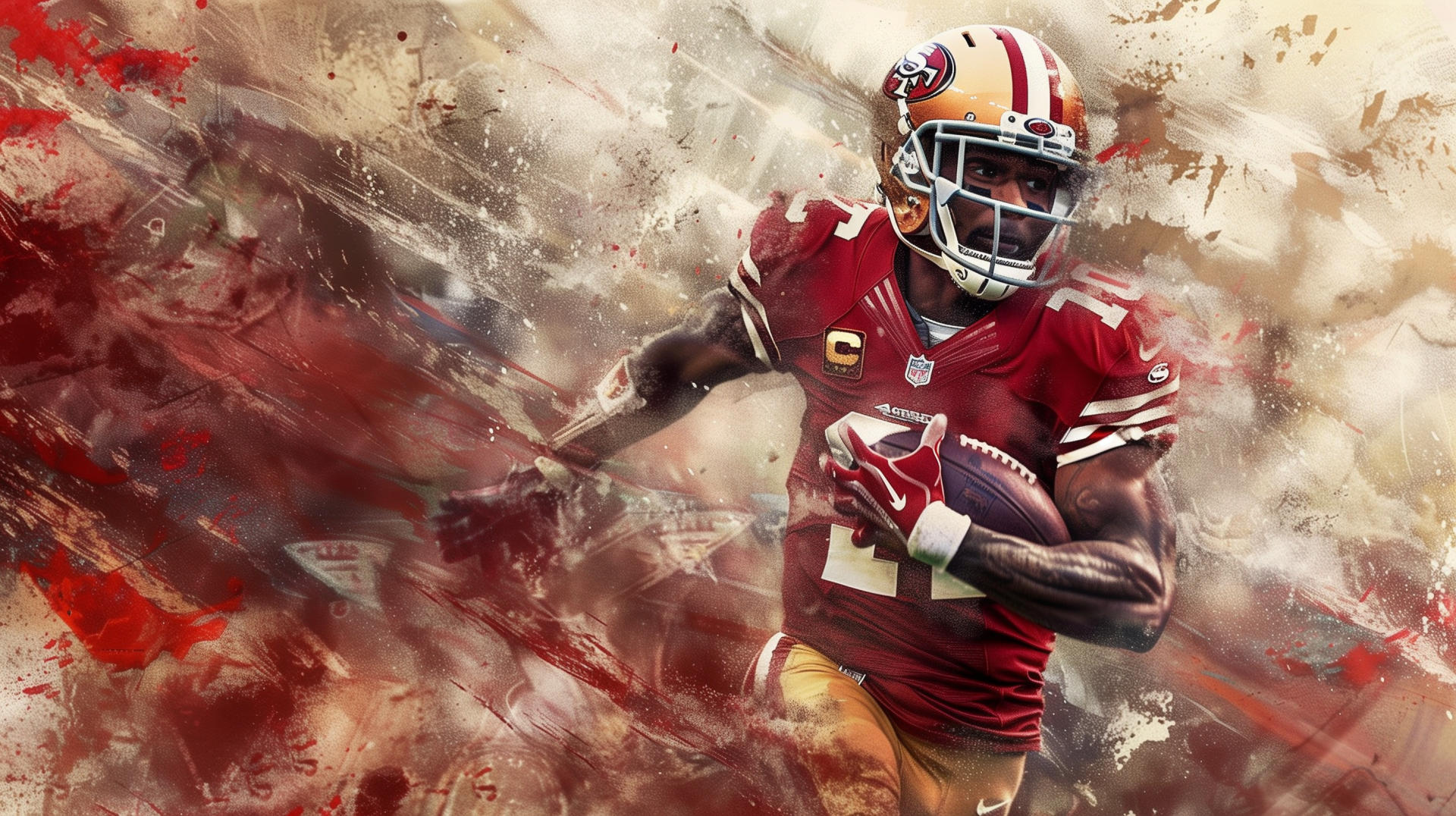 A dynamic San Francisco 49ers player runs with a football, set against an abstract, colorful background. This HD wallpaper captures the intensity of NFL football action.