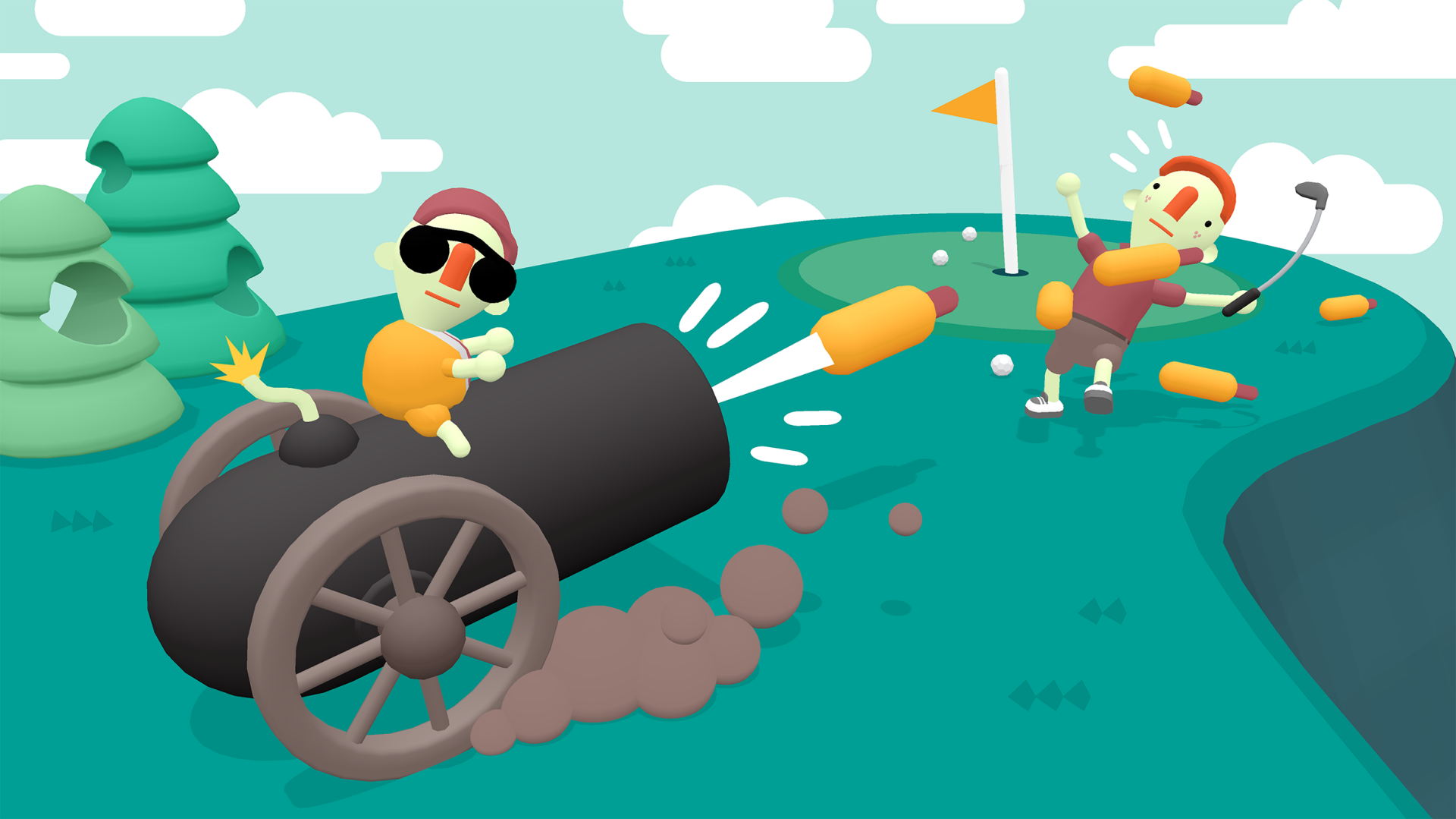 HD Wallpaper of What the Golf? game depicting a whimsical scene with characters and a cannon on a golf course.