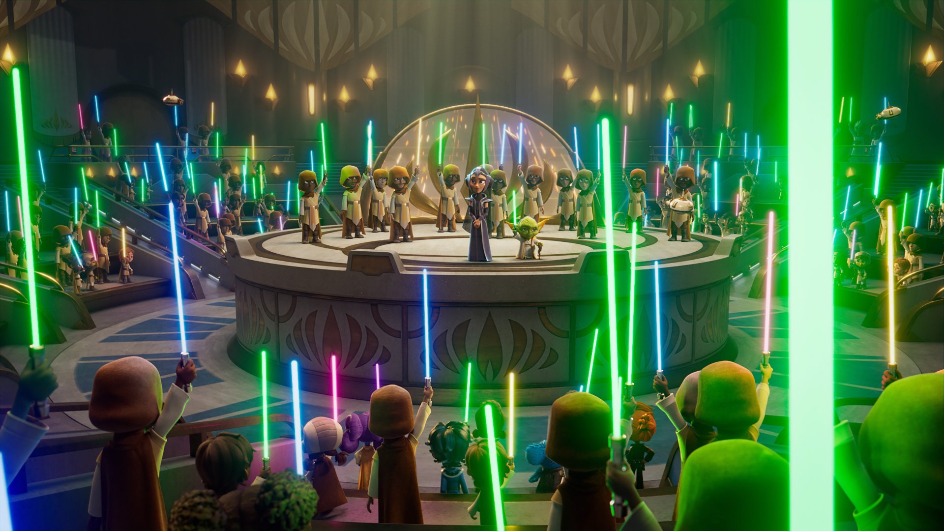HD wallpaper of Jedi from Star Wars: Young Jedi Adventures gathered with lit lightsabers in a council chamber.