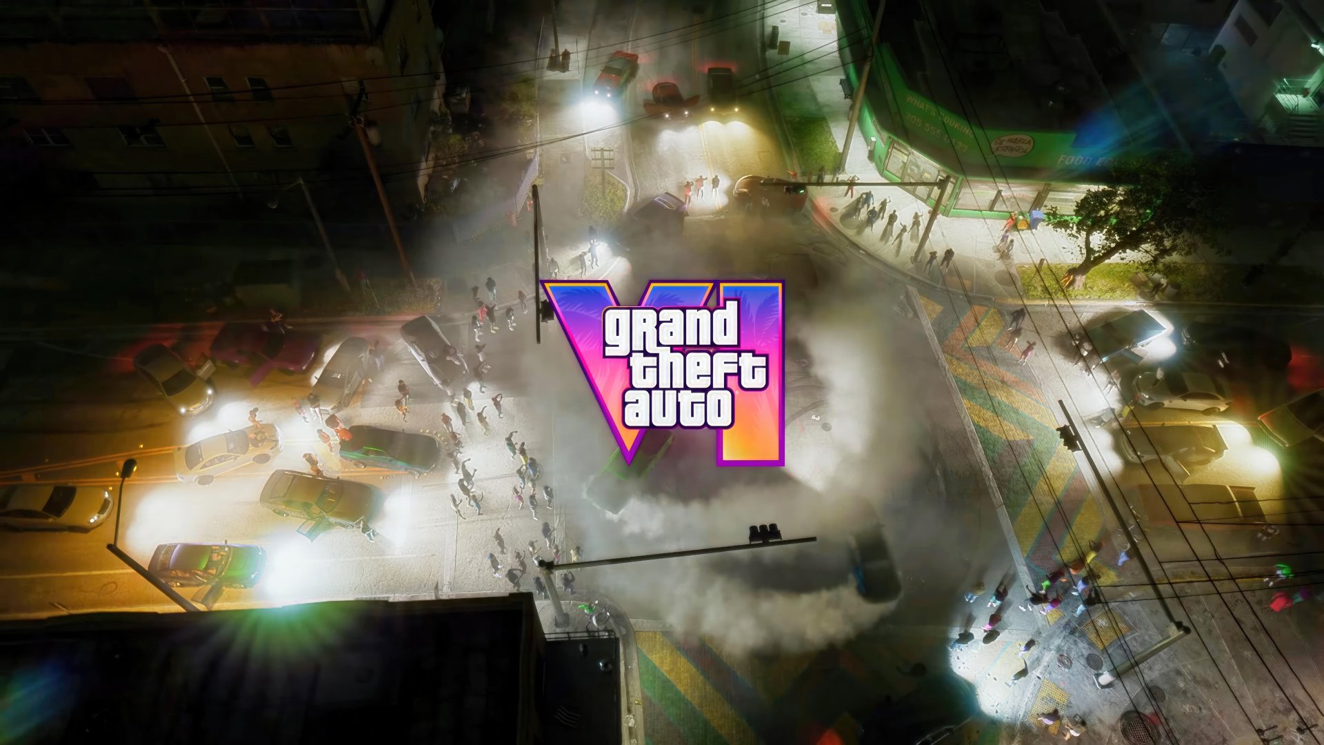 Top-down view of chaotic city streets with the Grand Theft Auto VI logo for HD desktop wallpaper.