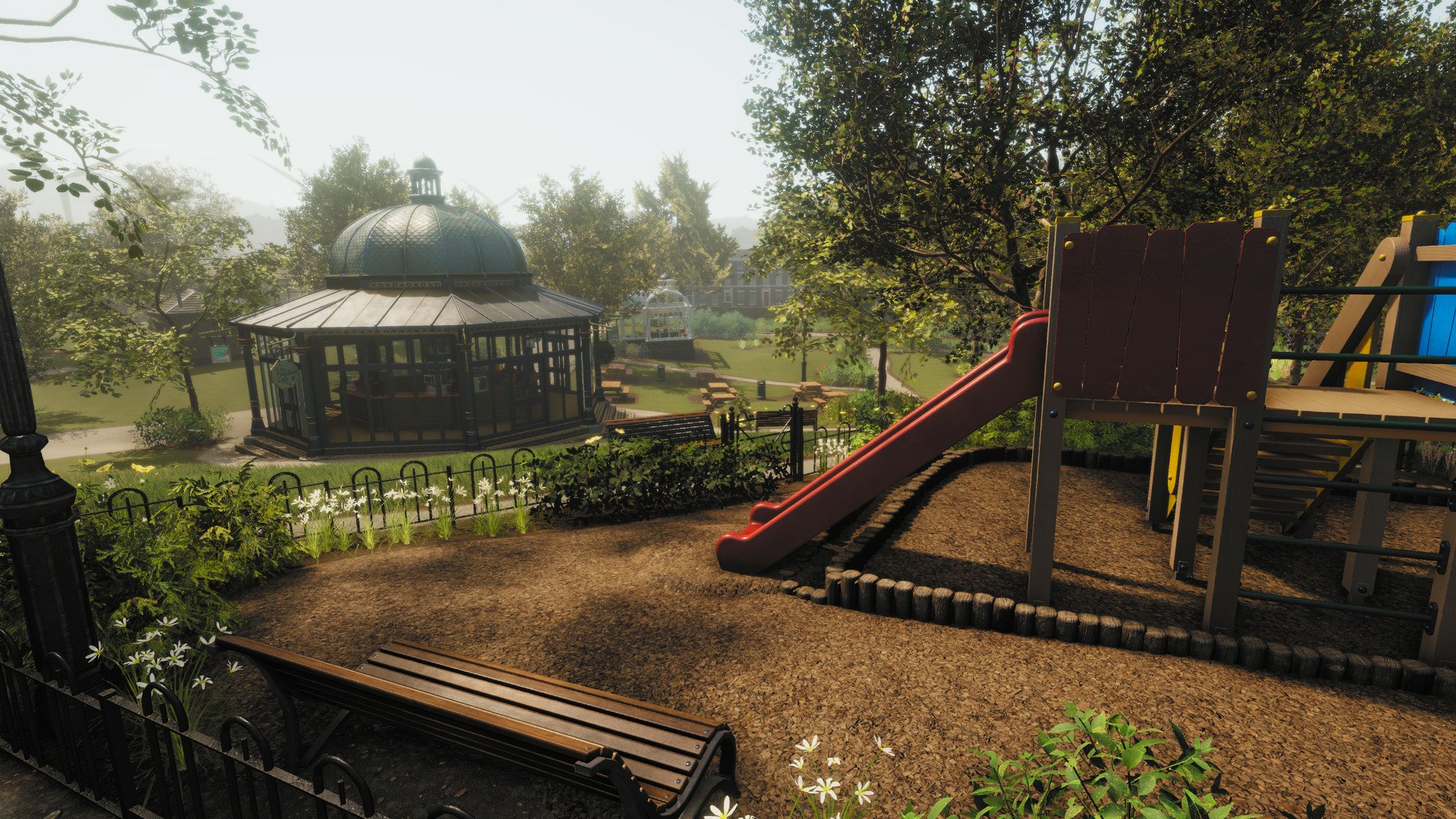 HD wallpaper featuring a scene from Lawn Mowing Simulator game, showcasing a meticulously maintained park with a playground slide, benches, and a gazebo.