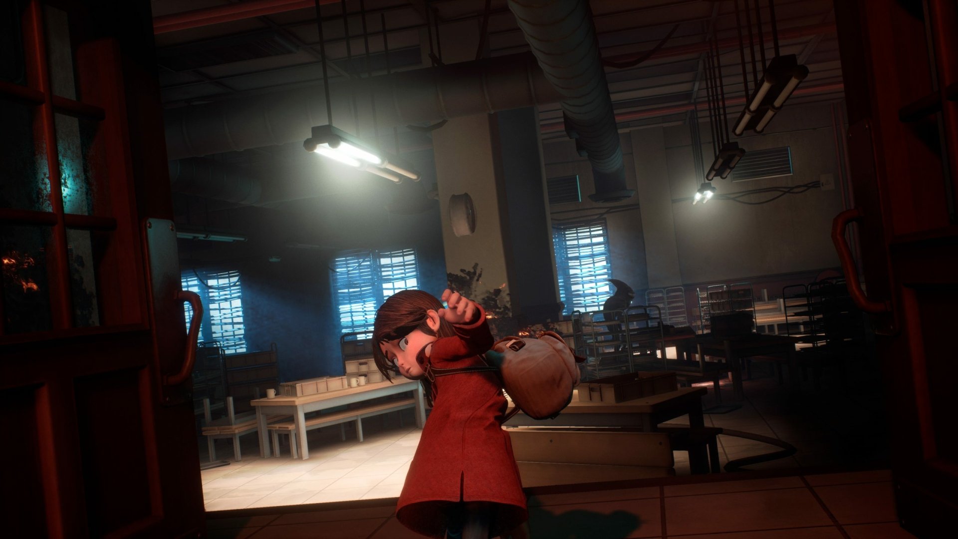 HD wallpaper of a scene from the video game Gylt, featuring a character cautiously navigating through a dimly-lit, atmospheric room with a flashlight.