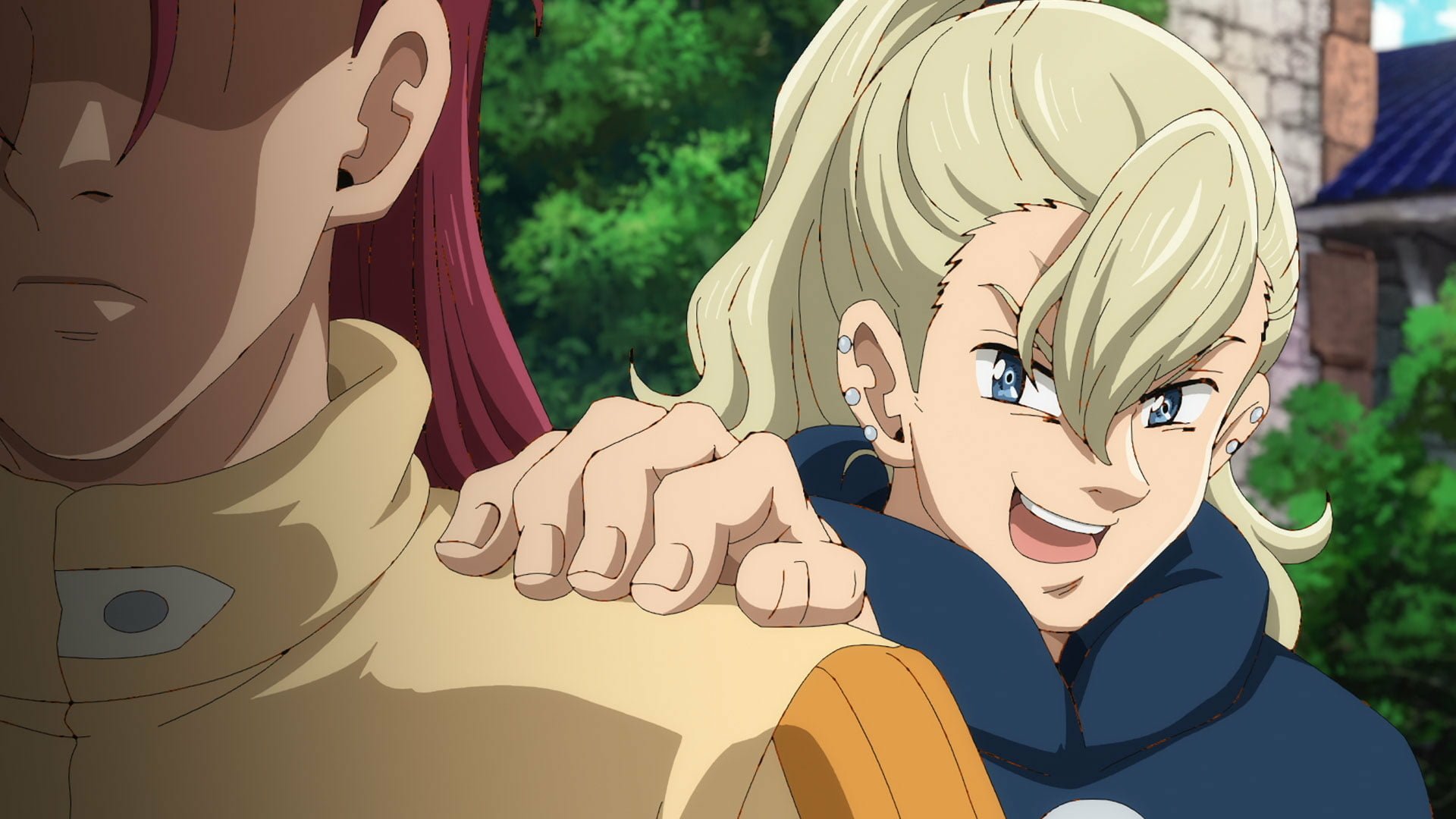 HD Anime Wallpaper featuring a character from 'The Seven Deadly Sins: Four Knights of the Apocalypse' smiling with enthusiasm.