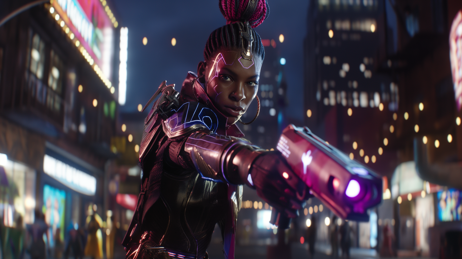 Futuristic warrior with a blaster in a neon-lit cityscape, HD desktop wallpaper background.