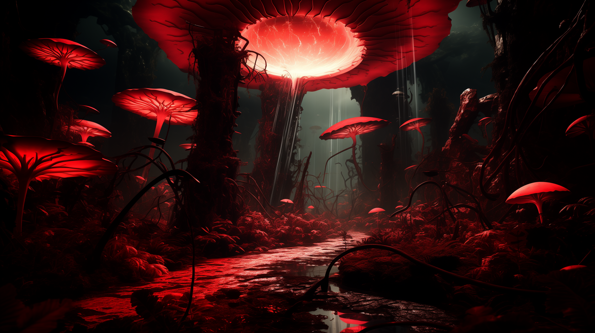 A vivid fantasy landscape features glowing red mushrooms towering over a dark, mysterious forest path, created as HD AI art for a PC desktop wallpaper.