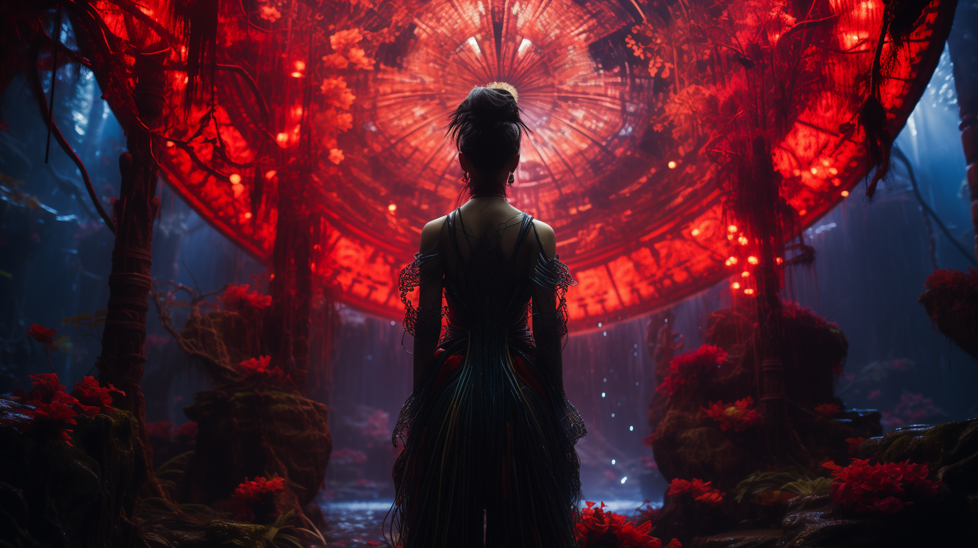 A warrior geisha stands in a mystical red-lit environment, blending fantasy and traditional elements in this HD AI art desktop wallpaper.