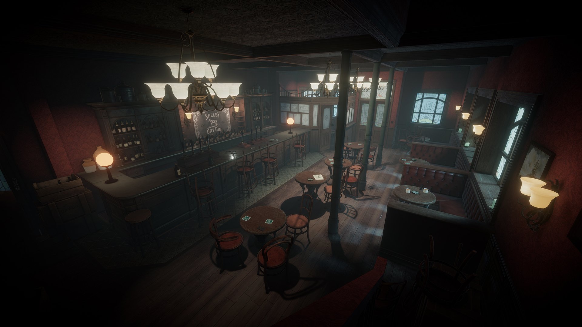 A dimly lit bar scene from the video game Peaky Blinders: The King's Ransom, featuring elegant lighting, wooden furnishings, and an inviting atmosphere. HD desktop wallpaper background.