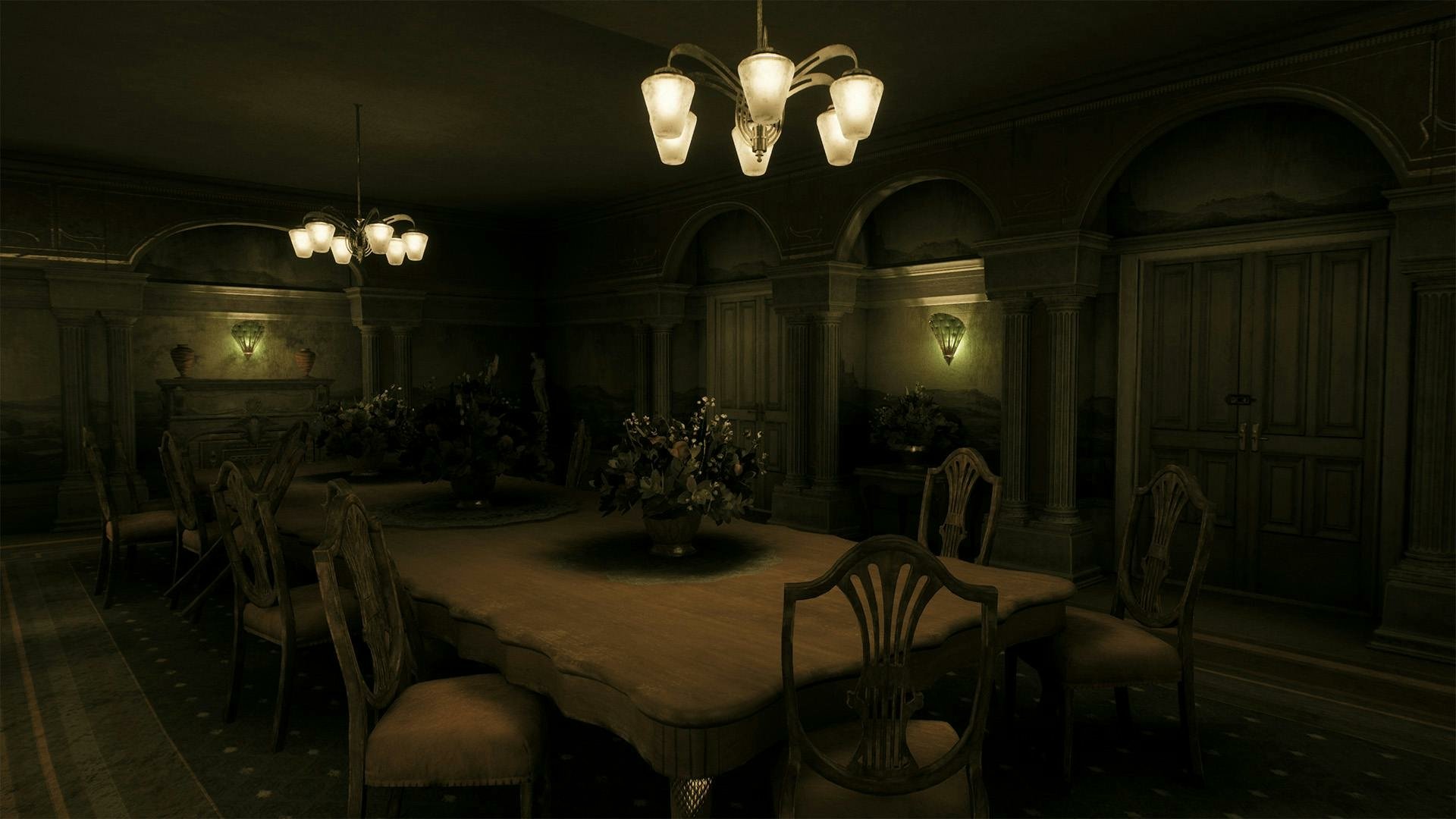 An atmospheric HD desktop wallpaper from Alone in the Dark (2024), featuring a dimly lit dining room with an elegant table, vintage lighting, and a sense of eerie mystery.