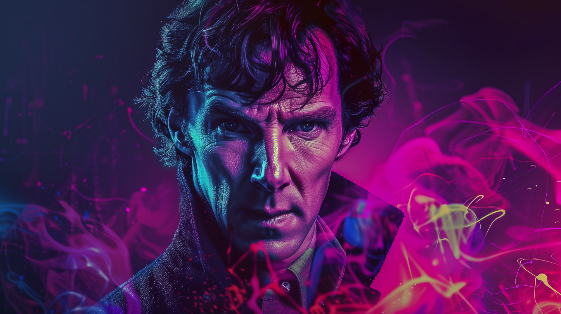 HD desktop wallpaper featuring colorful Sherlock Holmes fan art with vivid neon abstract designs.