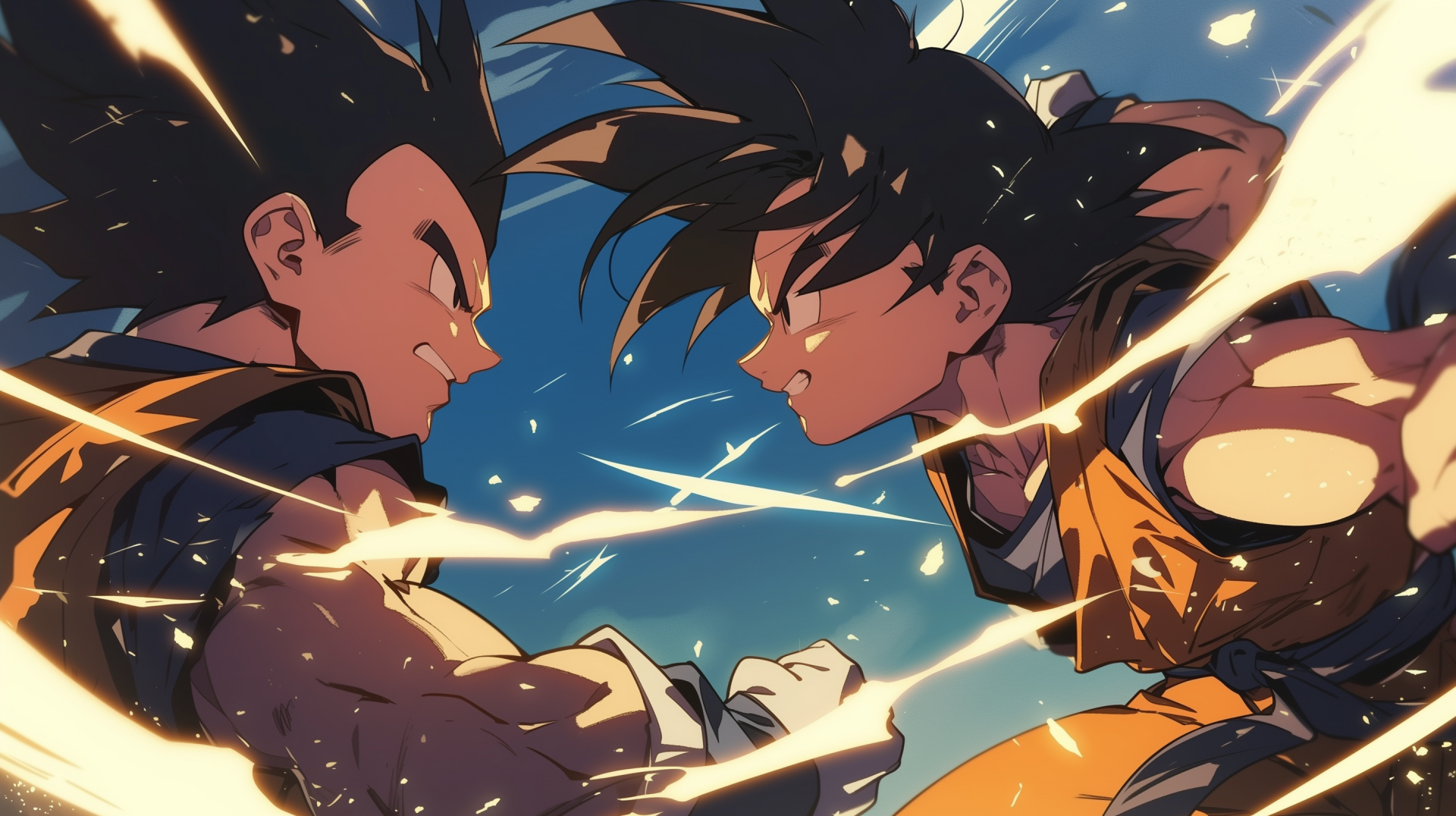 A dynamic HD desktop wallpaper featuring Vegeta and Goku from Dragon Ball Z, showcasing an intense face-off with vibrant energy bursts in the background.