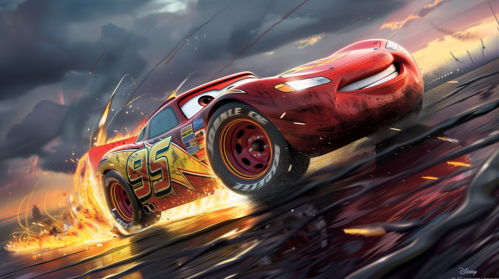 HD wallpaper of Lightning McQueen from Cars movie, racing dynamically with vibrant, fiery backdrop.
