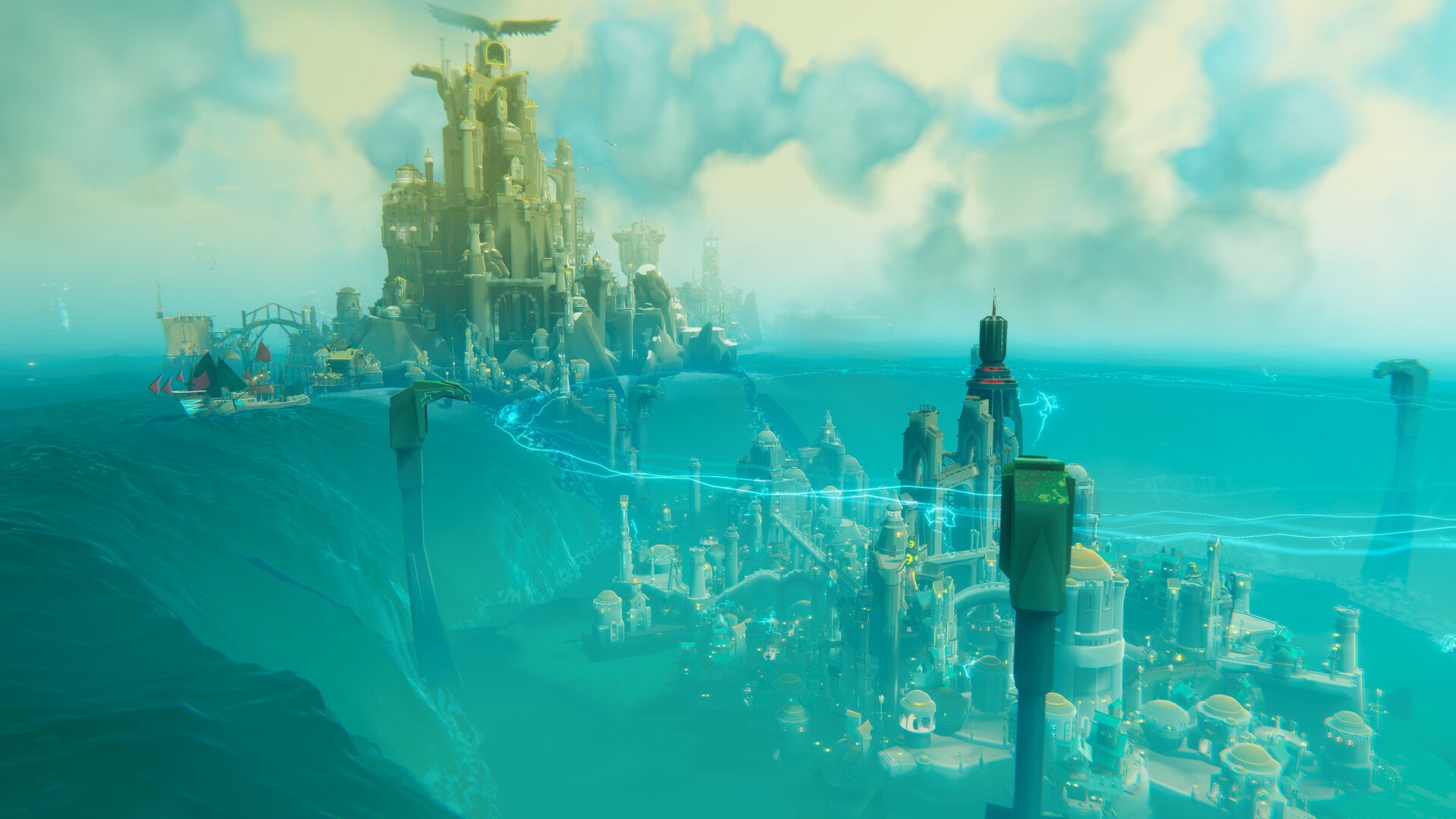 HD wallpaper featuring the awe-inspiring Bulwark cityscape from the video game Bulwark: Falconeer Chronicles, showcasing towering structures amidst vibrant skies and seas.