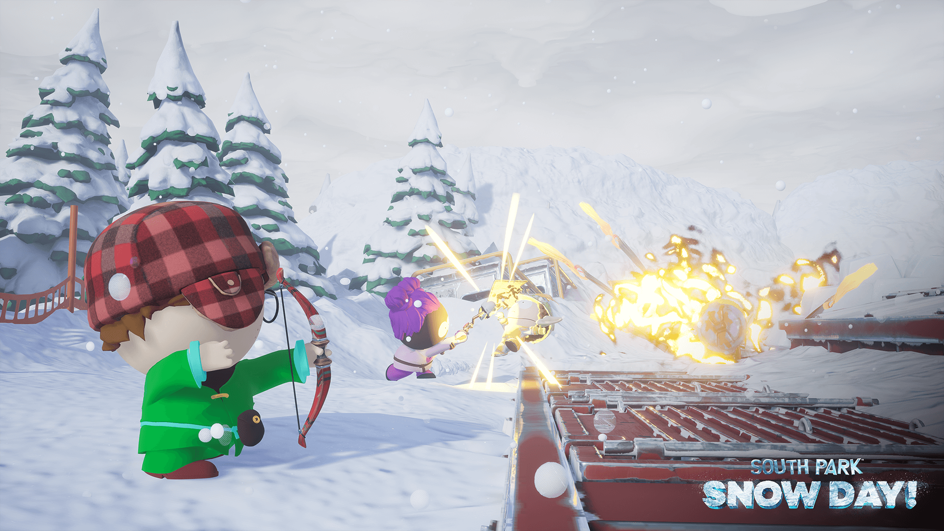 HD desktop wallpaper of South Park: Snow Day! video game with characters engaged in a snowball fight.