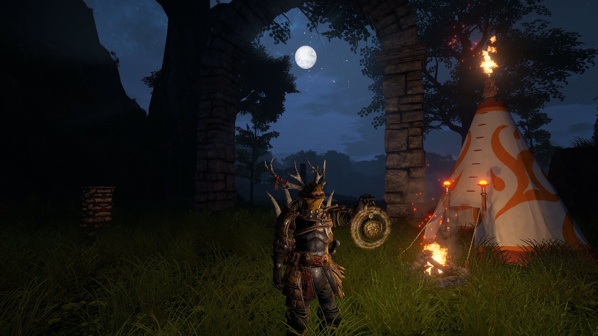 HD wallpaper for Outward video game featuring an armored character by a campfire and teepee under moonlit ruins.