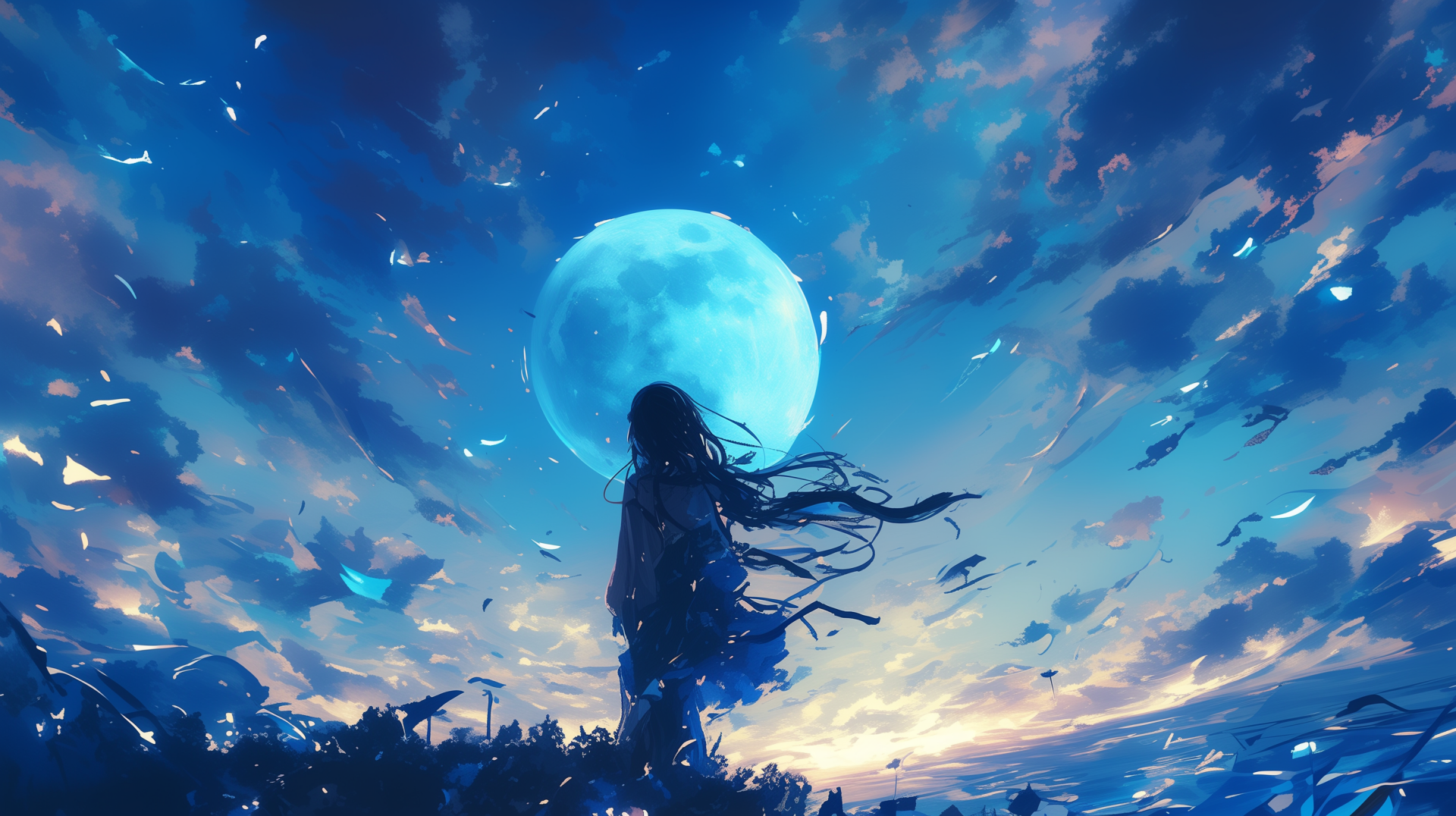 HD desktop wallpaper featuring a person silhouetted against a full moon with a dynamic, cloud-filled sky in the background.