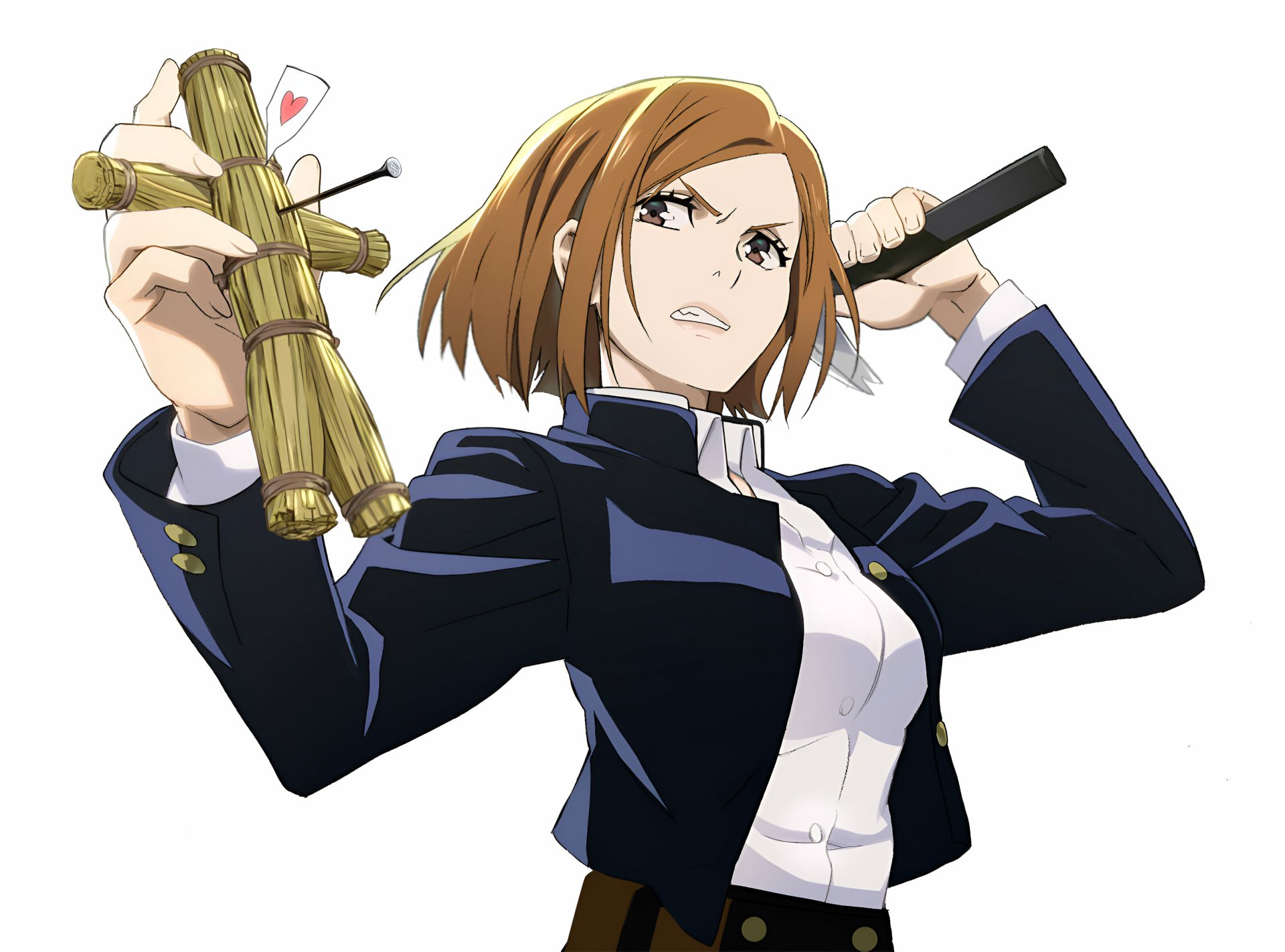 HD anime desktop wallpaper featuring Nobara Kugisaki from Jujutsu Kaisen, striking a confident pose with her hammer and straw doll weapon.