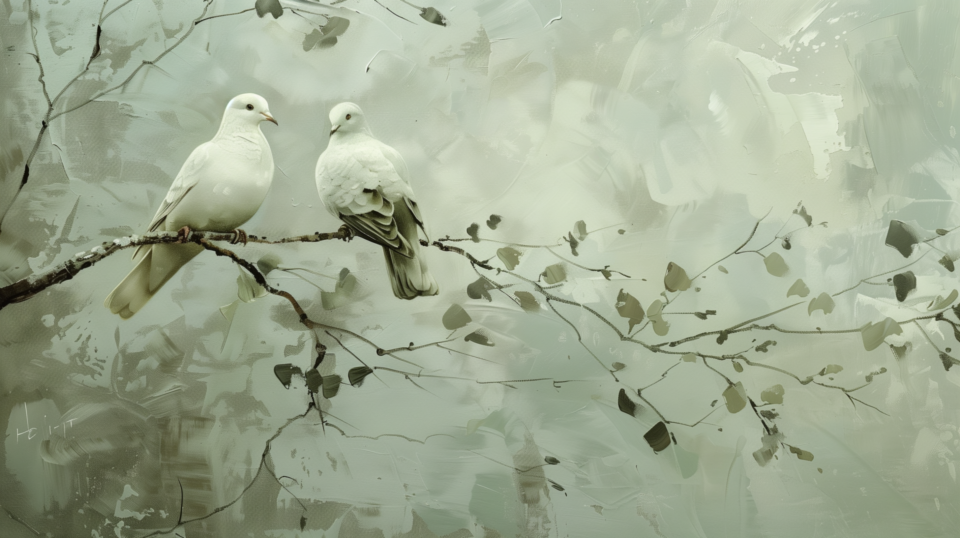 HD desktop wallpaper featuring two doves perched on a branch, with an abstract, serene background.