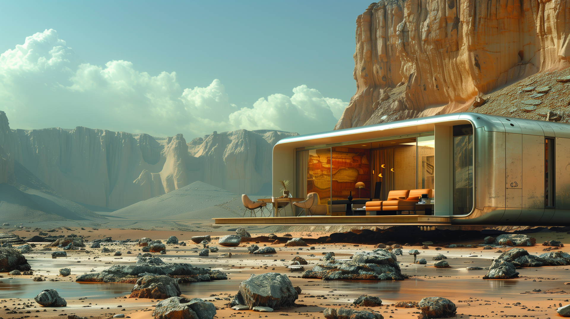 A modern tiny house sits on a rocky landscape, surrounded by majestic cliffs and distant mountains, evoking a sense of tranquility and adventure in this stunning HD wallpaper.