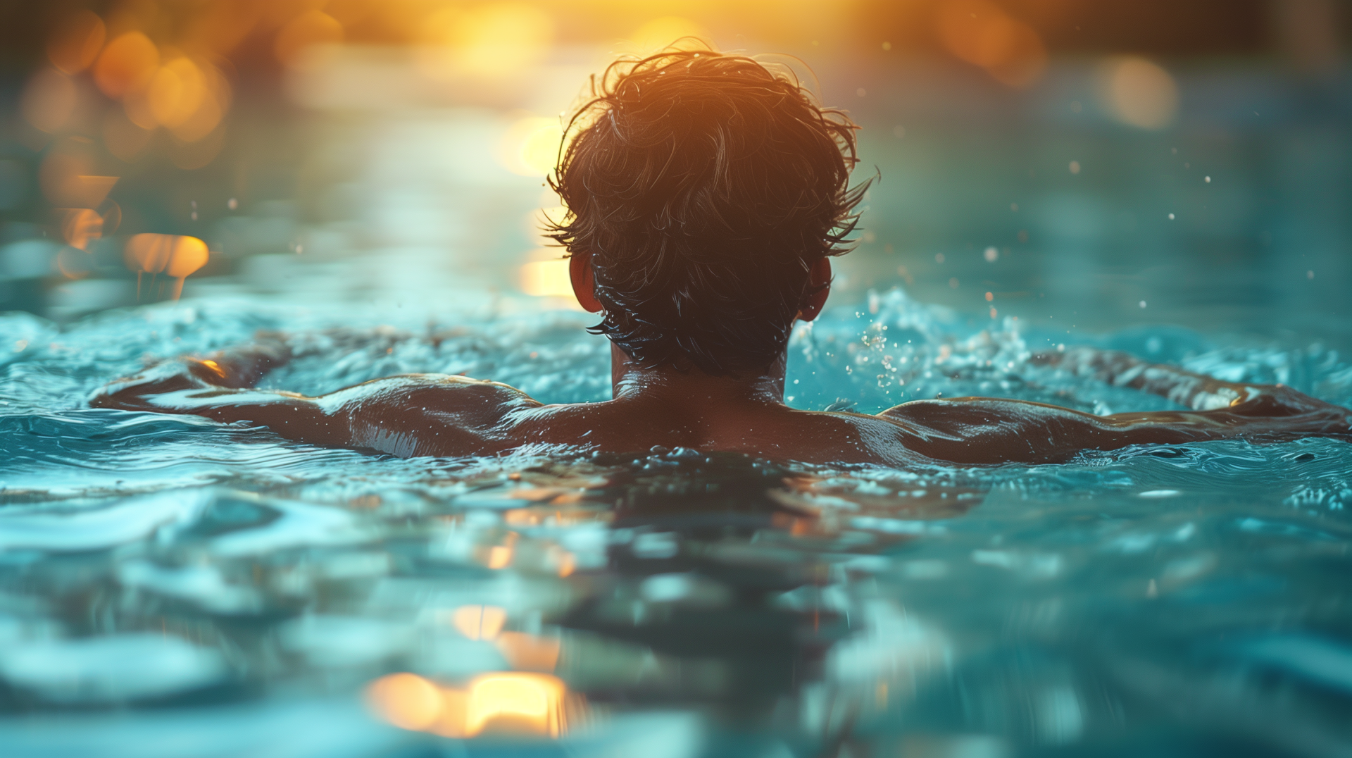 Man swimming in a pool at sunset, HD desktop wallpaper background.