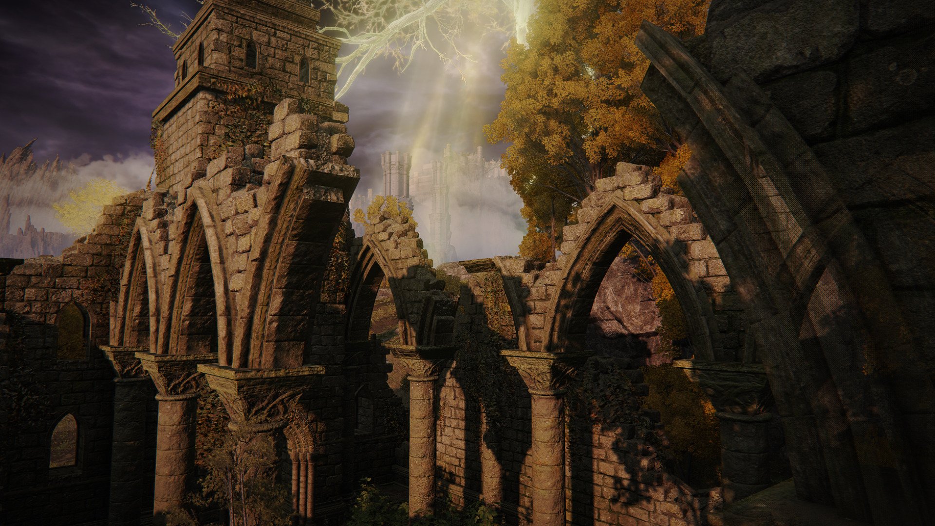 A captivating HD desktop wallpaper featuring the ruins from the video game Elden Ring, showcasing ancient stone arches and vibrant foliage under a dramatic sky.