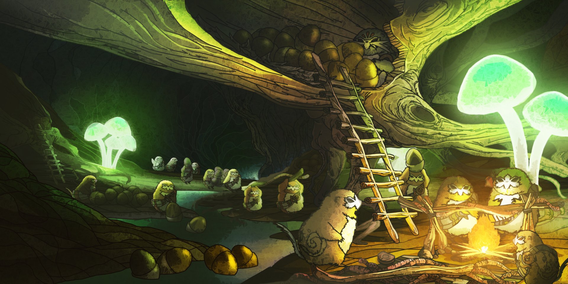 HD desktop wallpaper featuring SaGa Emerald Beyond video game mystical cave scene with glowing mushrooms and fantasy characters.