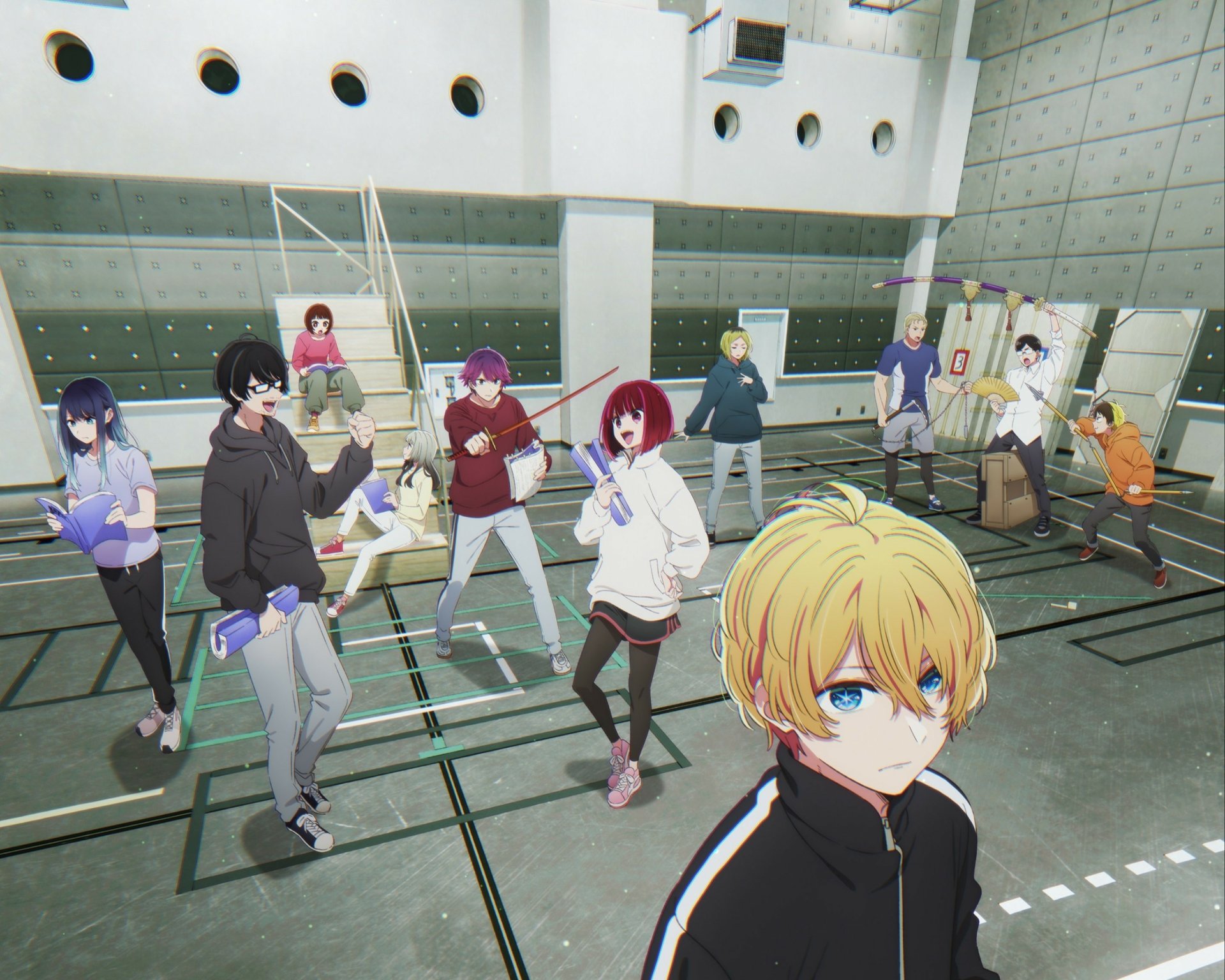 HD anime wallpaper from Oshi no Ko featuring multiple characters engaged in a dynamic scene inside a modern indoor sports court.