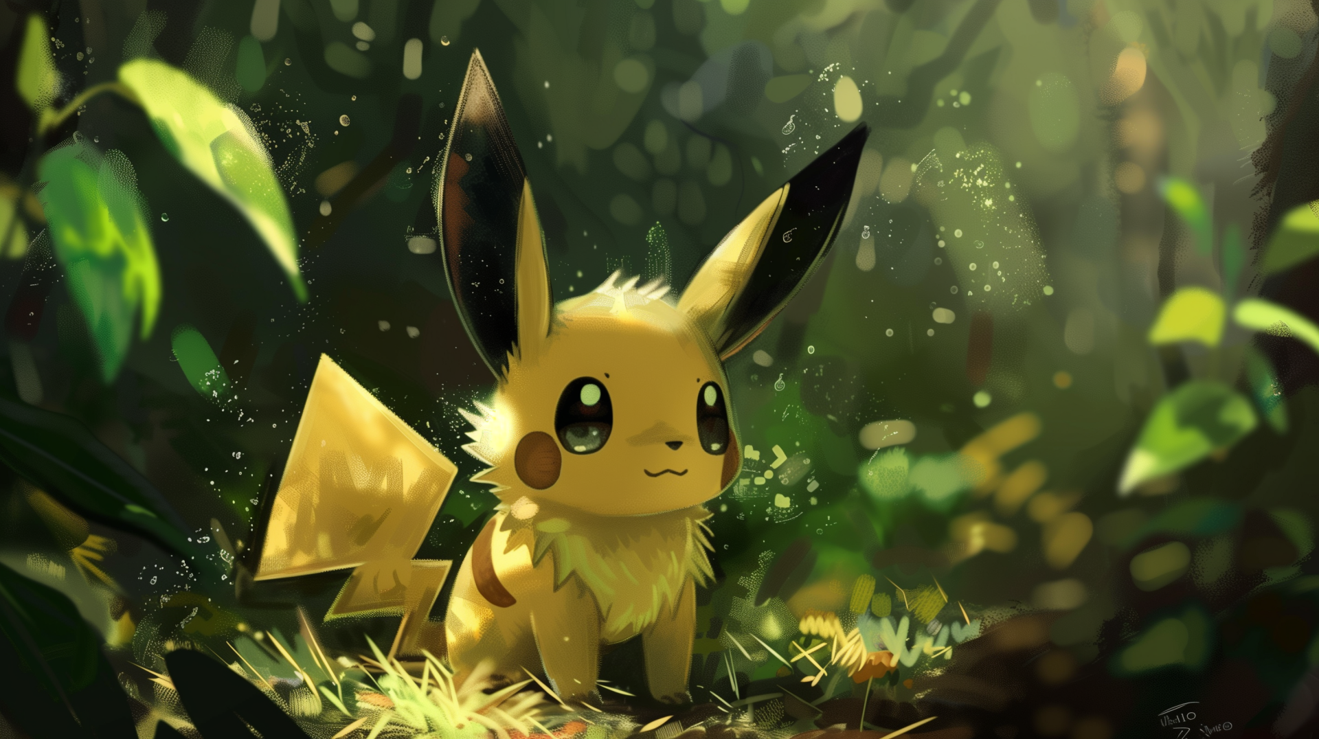 A vibrant HD wallpaper featuring Pichu from Pokémon, sitting in a sunlit forest surrounded by lush greenery, capturing the character's playful and adorable essence.