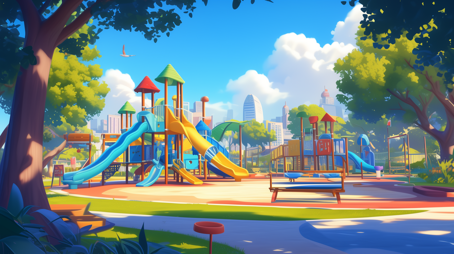 Colorful playground with slides and swings HD desktop wallpaper and background.