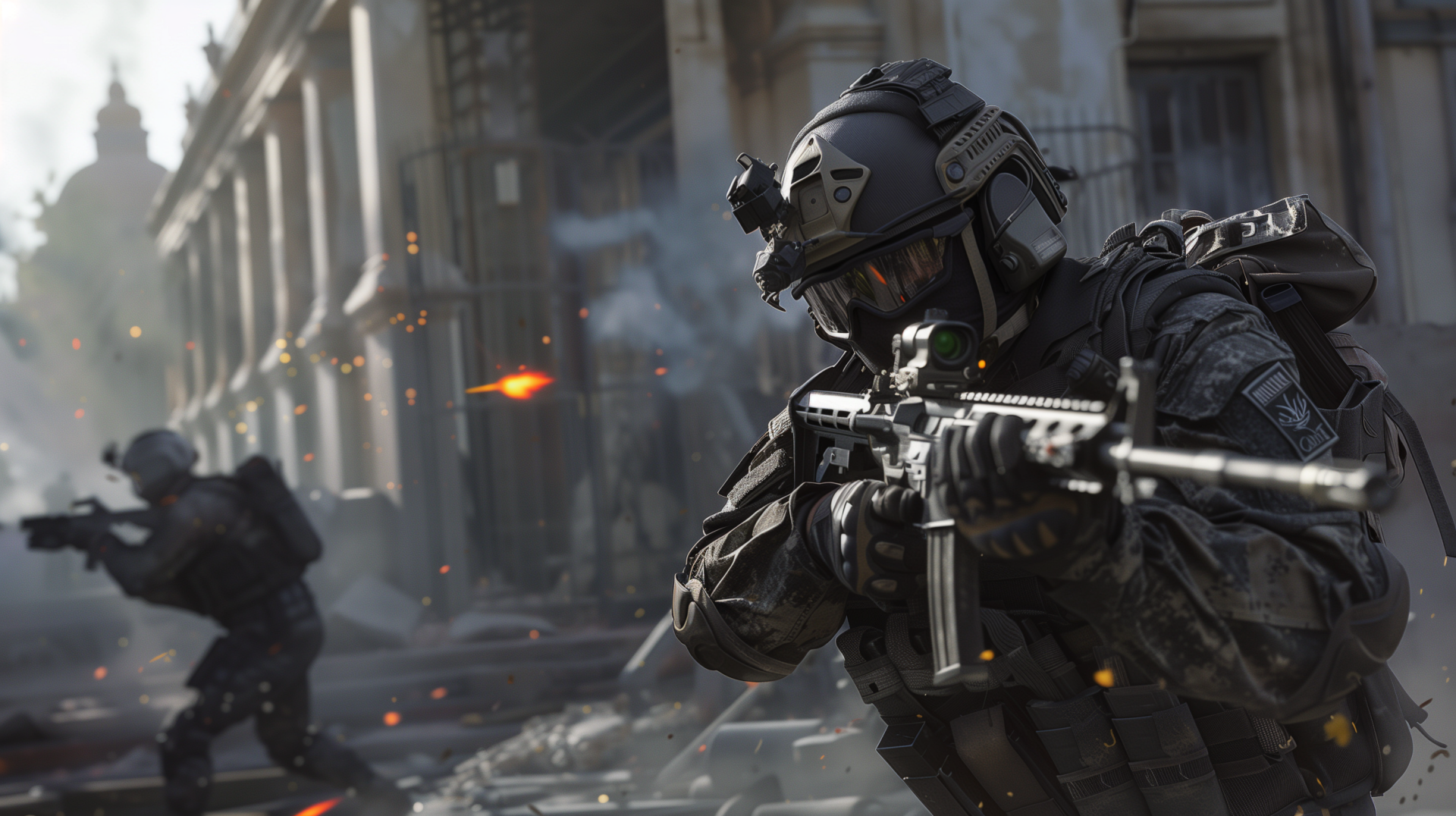 HD wallpaper of Call of Duty: Warzone featuring an in-game soldier aiming a gun with another soldier in the background.