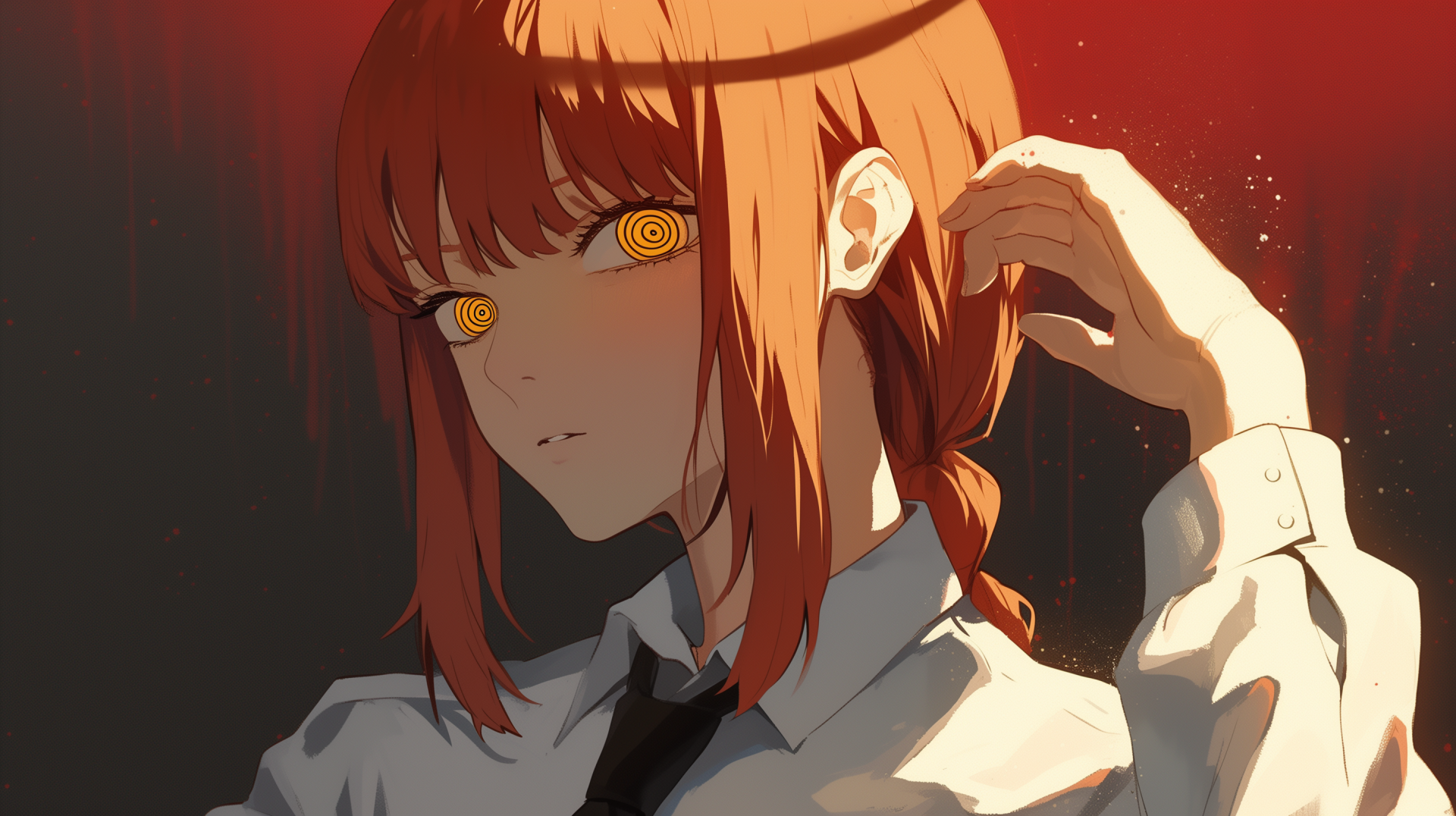 HD desktop wallpaper of Makima from Chainsaw Man anime, with a red backdrop, suited for desktop background.