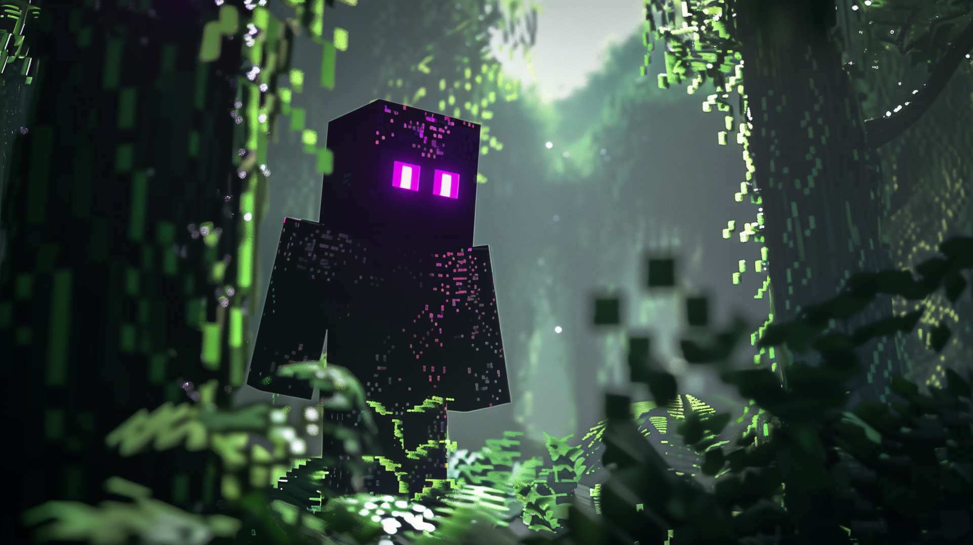 HD wallpaper of an Enderman from Minecraft video game in a forest setting for desktop background.