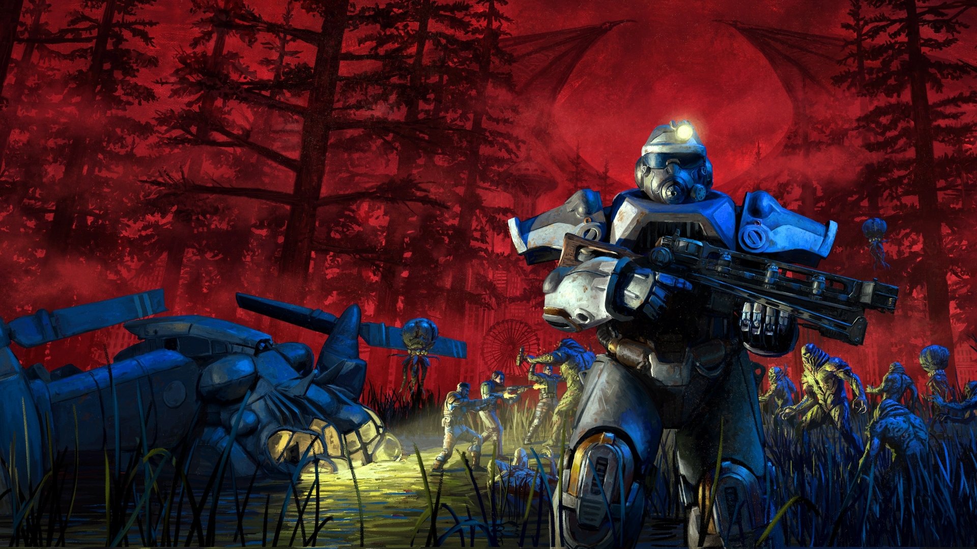HD desktop wallpaper featuring a scene from Fallout 76, with an armored character holding a futuristic weapon, robotic creatures, and a foreboding red moon in a dark, stylized forest setting.