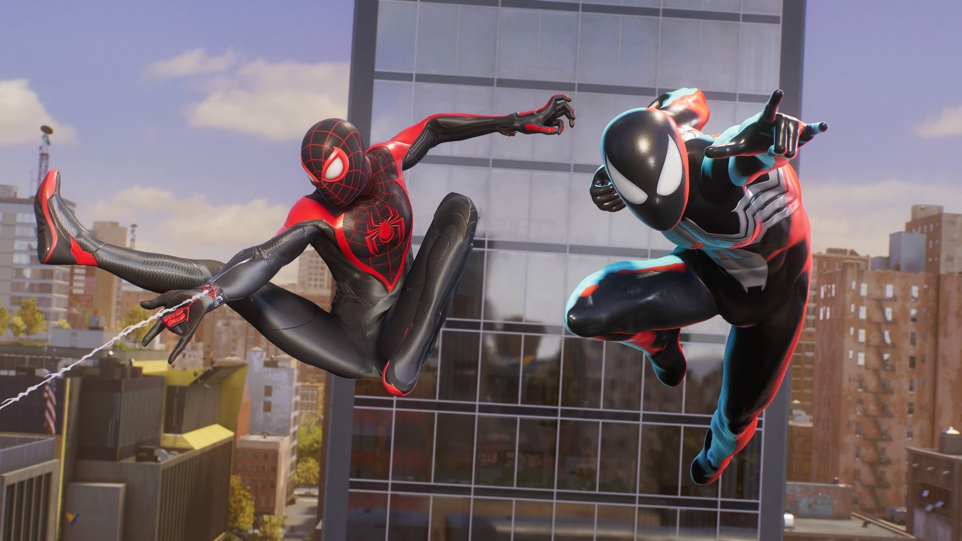 4K Ultra HD PC desktop wallpaper and background from Marvel's Spider-Man 2 video game: two Spider-Men leaping and swinging between glass skyscrapers.