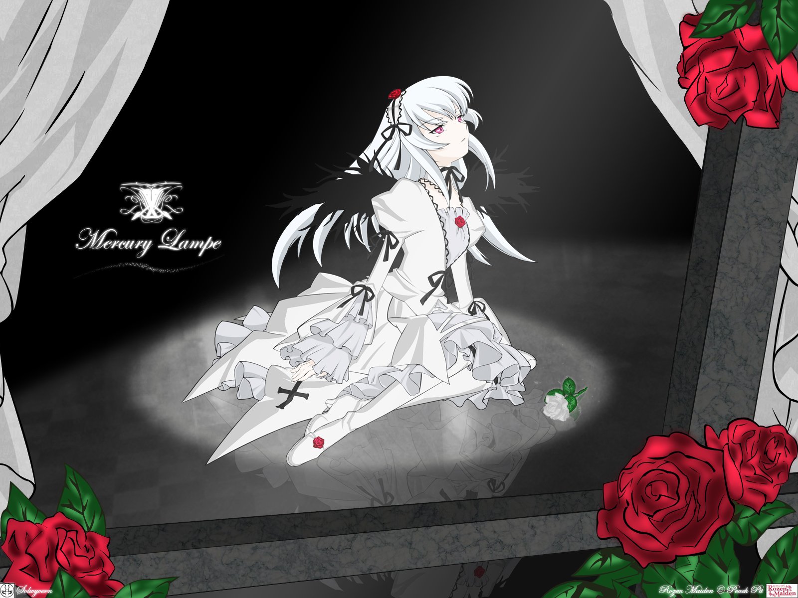 Rozen Maiden anime HD PC desktop wallpaper: white-haired doll in a frilly white dress kneeling in a spotlight on a dark stage, framed by red roses and curtains.