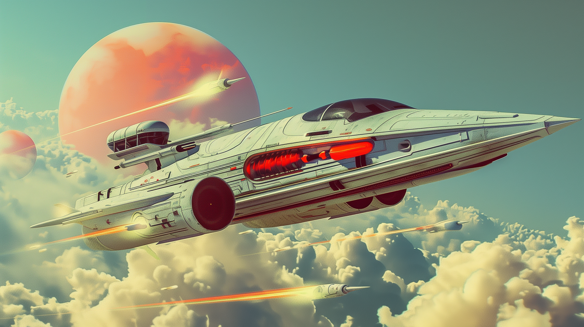 HD wallpaper of a retro-futuristic aircraft soaring through a cloudy sky with a rocket, featuring vintage sci-fi aesthetics and a large planet in the background.