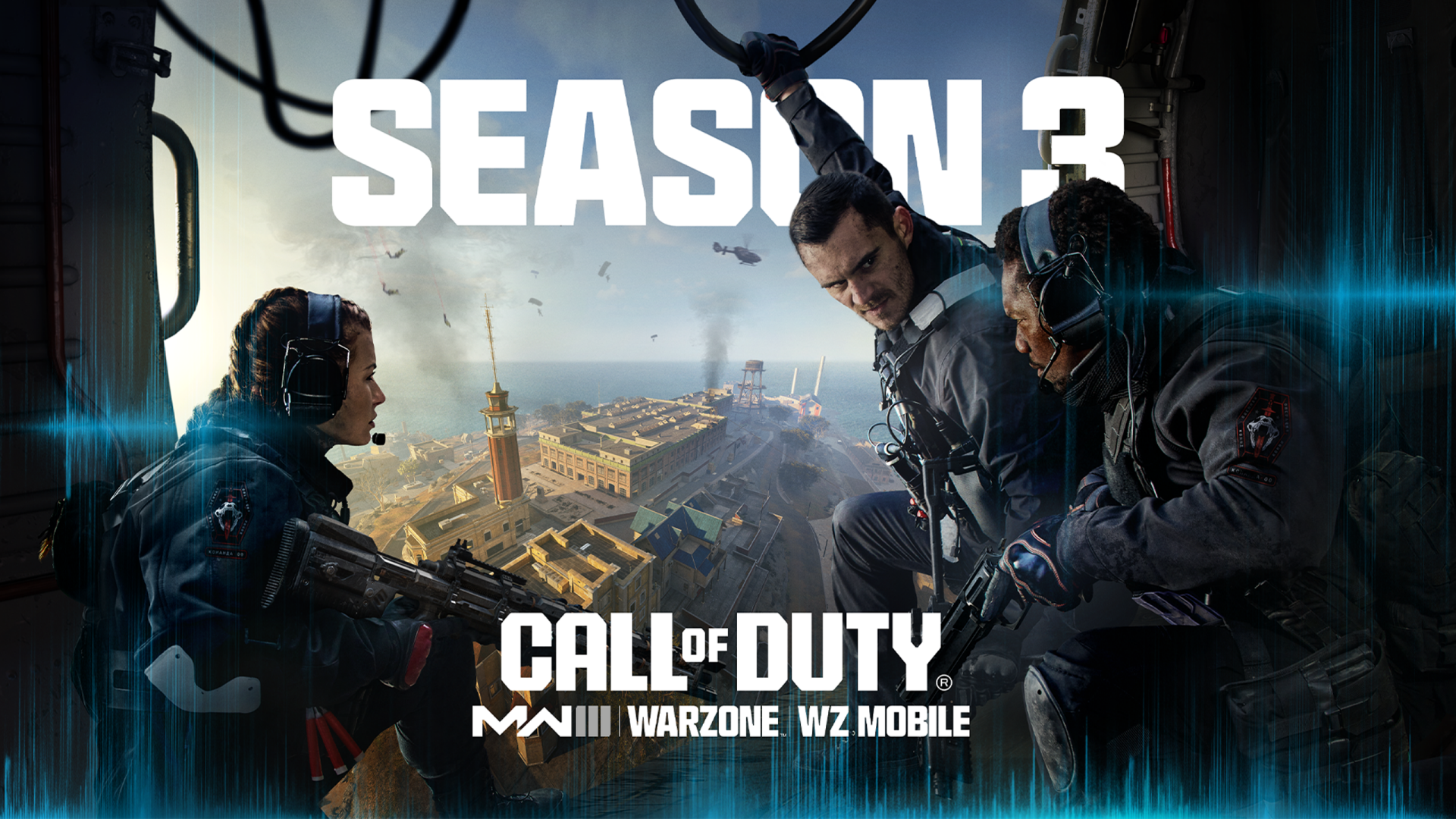 High-definition desktop wallpaper featuring characters from Call of Duty: Modern Warfare III (2023) Season 3, set against a dramatic battlefield backdrop.