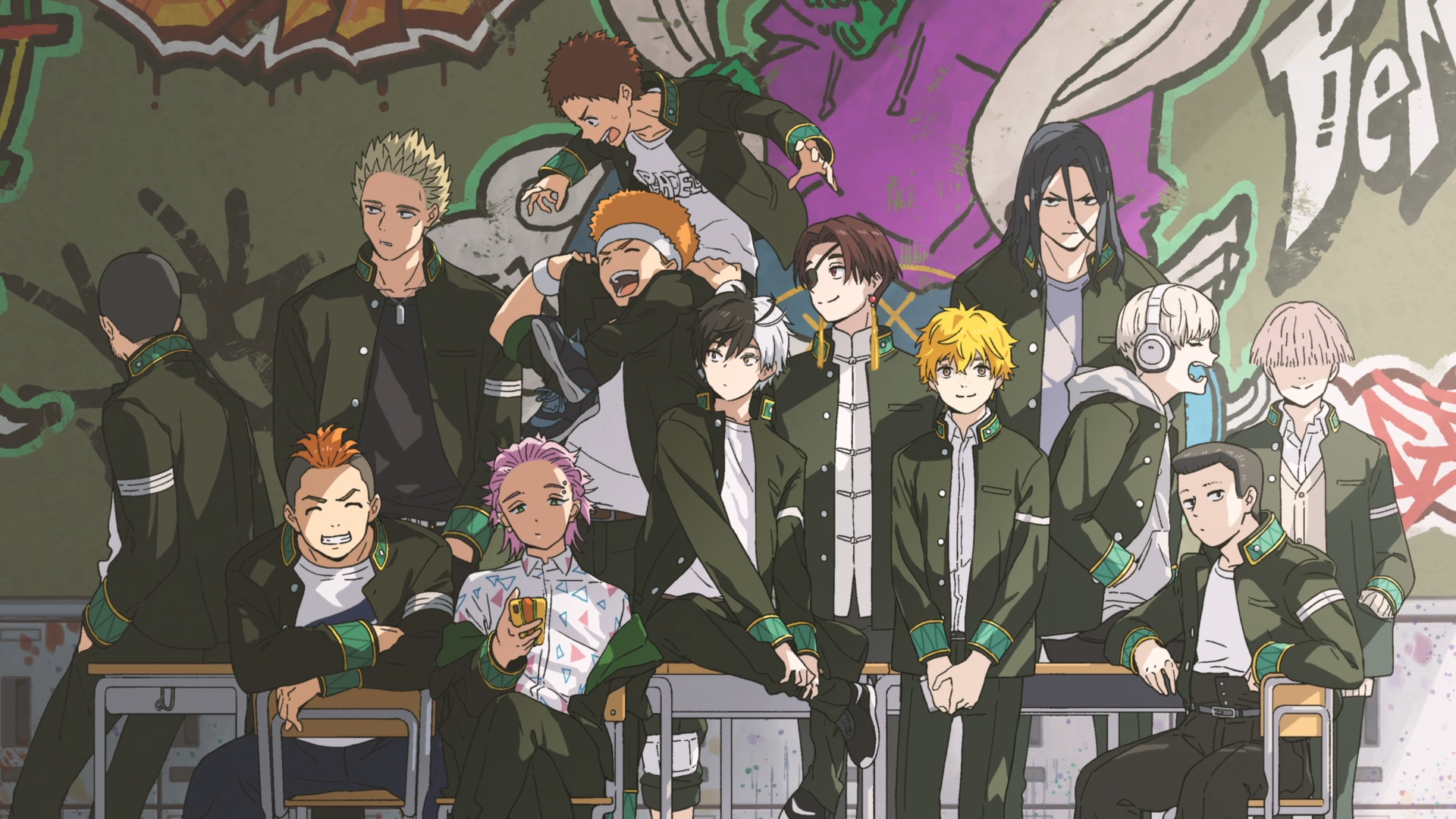 HD PC desktop wallpaper featuring characters from the anime Wind Breaker, showcasing a diverse group in dynamic poses against a graffiti-styled background.