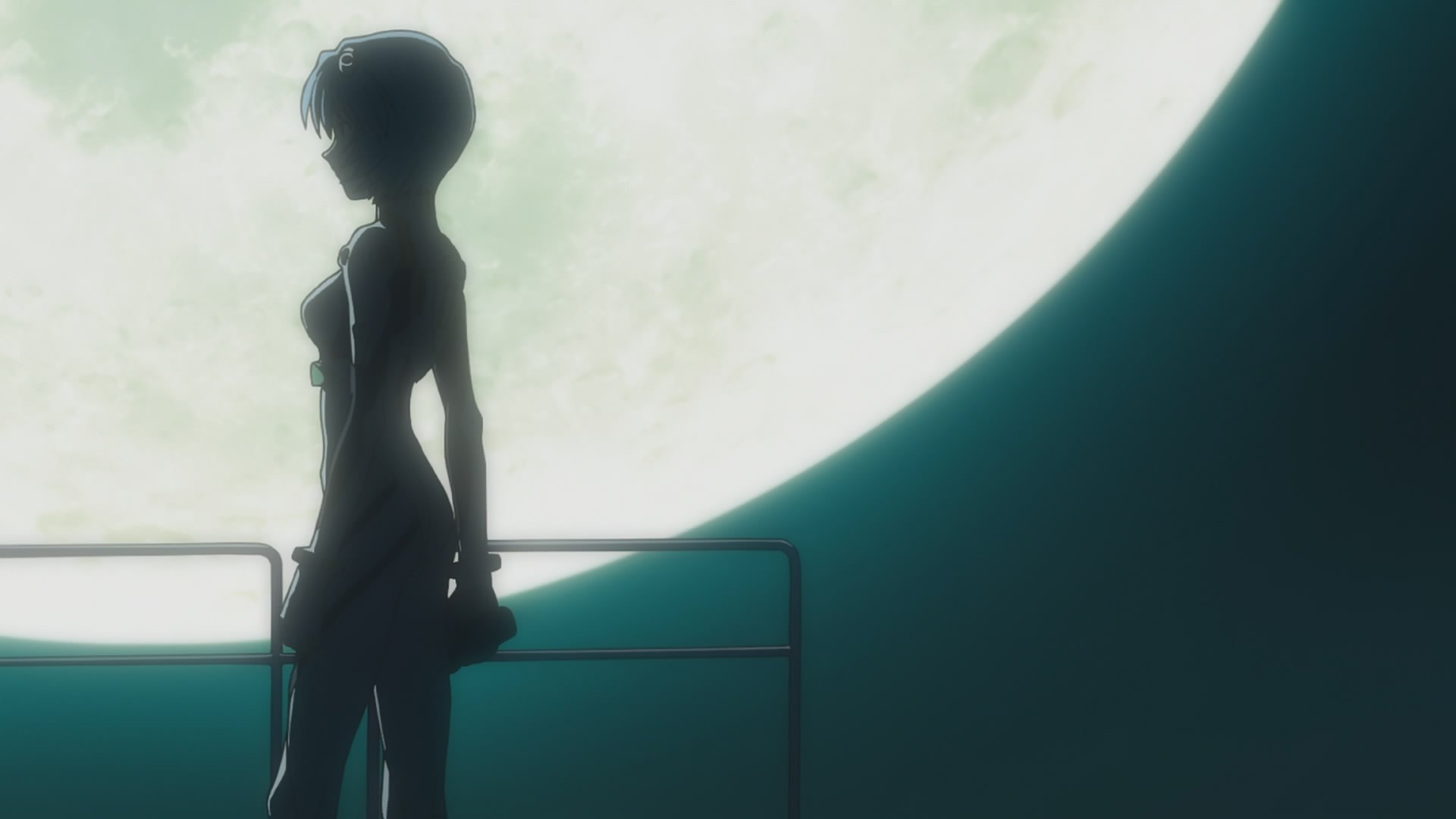 A serene HD wallpaper featuring Rei Ayanami from the anime Neon Genesis Evangelion, silhouetted against a large, glowing moon in a tranquil night setting.