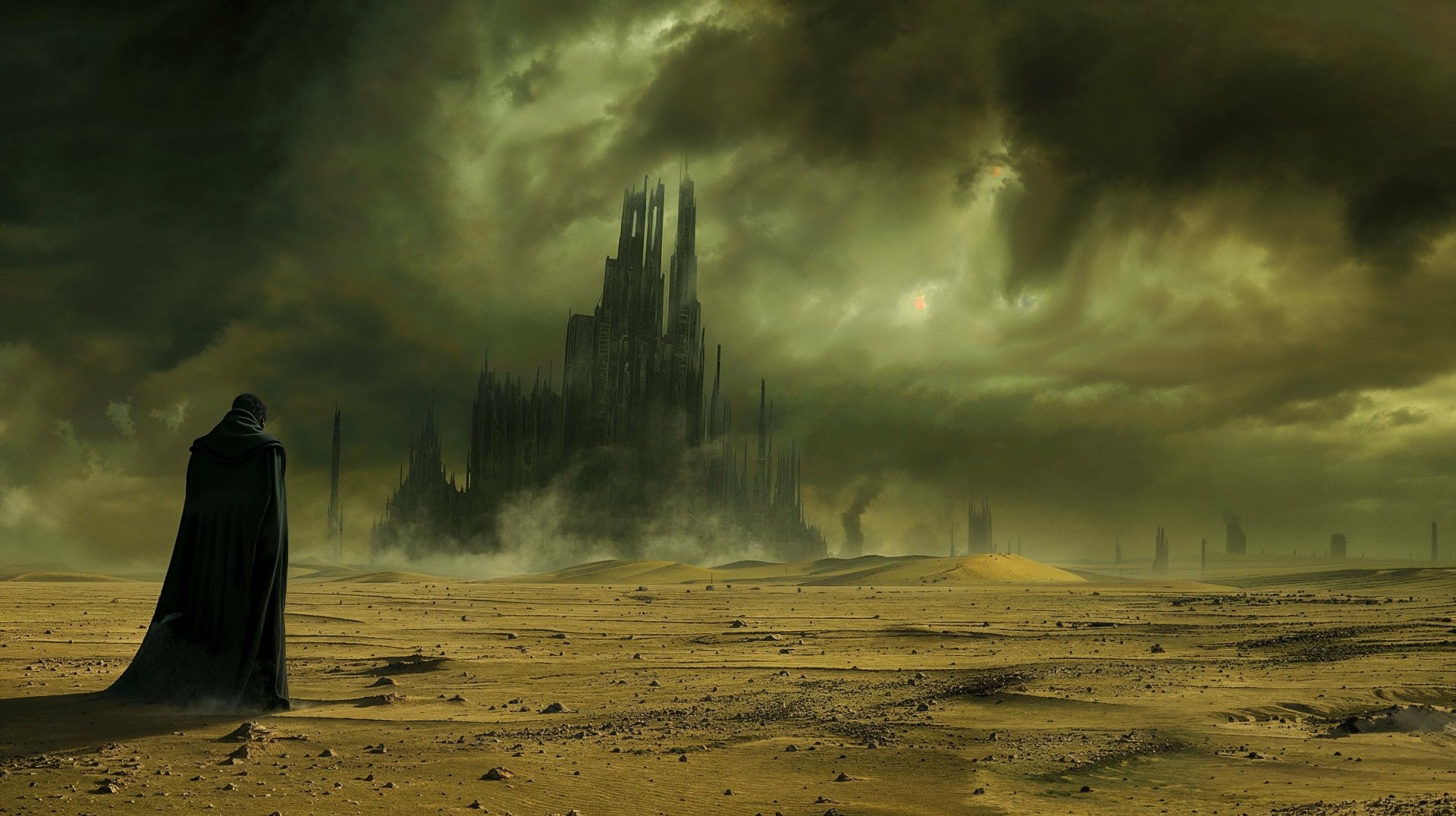 HD fantasy adventure wallpaper featuring a mysterious cloaked figure observing distant ruins under a stormy sky.