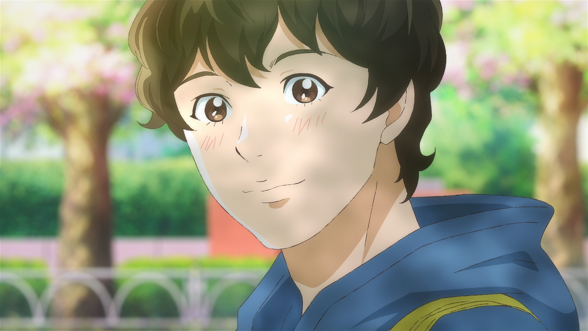 Anime character from Astro Note smiling with a spring background for HD desktop wallpaper.