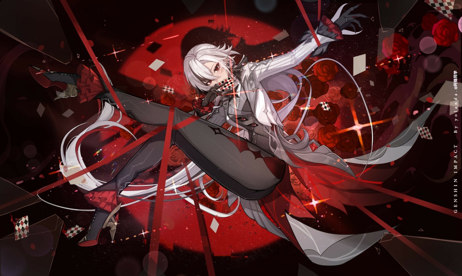 4K Ultra HD PC desktop wallpaper of Arlecchino (Genshin Impact) — pale-haired, masked harbinger in red-black costume, swirling ribbons, playing cards, dark video game art.