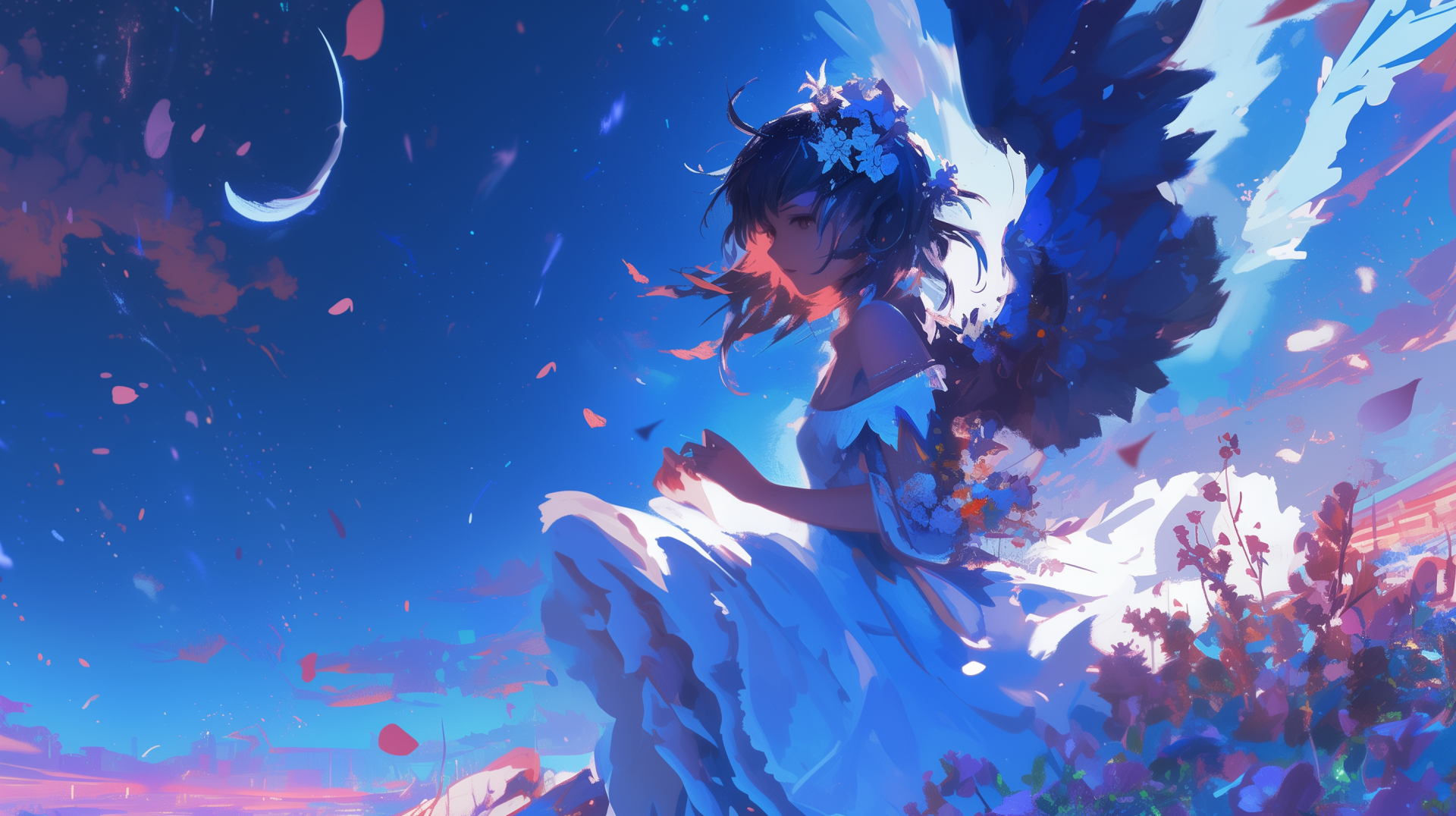 Anime angel girl with blue wings sitting amidst a blossoming floral landscape under a twilight sky, HD desktop wallpaper.