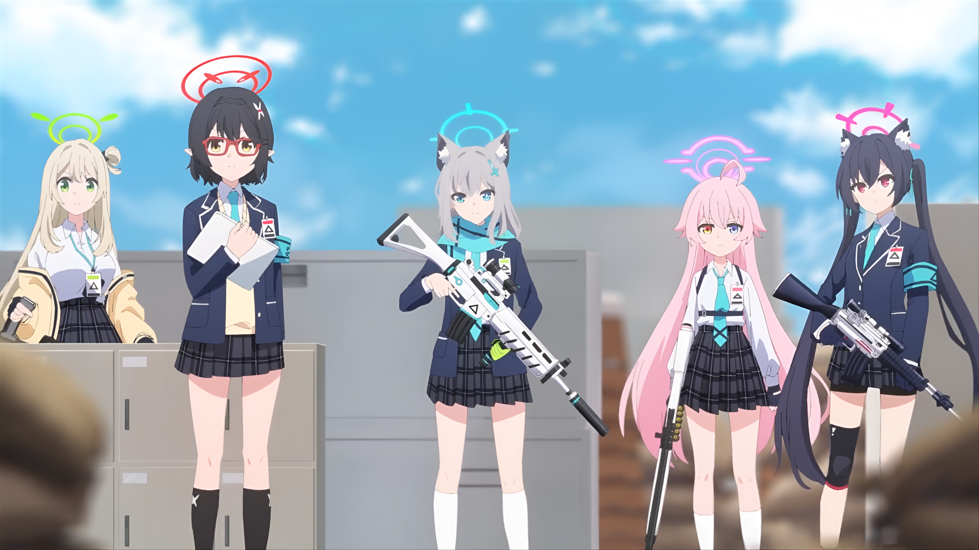 Anime scene from Blue Archive the Animation showing five schoolgirls in uniforms holding weapons under a blue sky — 4K Ultra HD PC desktop wallpaper background