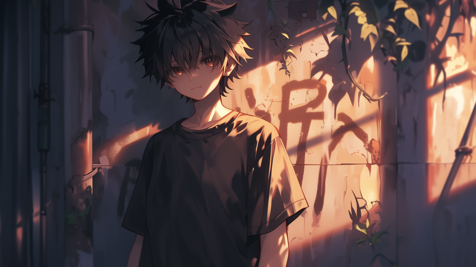 An anime boy stands against a graffiti-covered wall, shadows playing across his face, evoking a moody atmosphere. This HD image serves as an impactful desktop wallpaper.