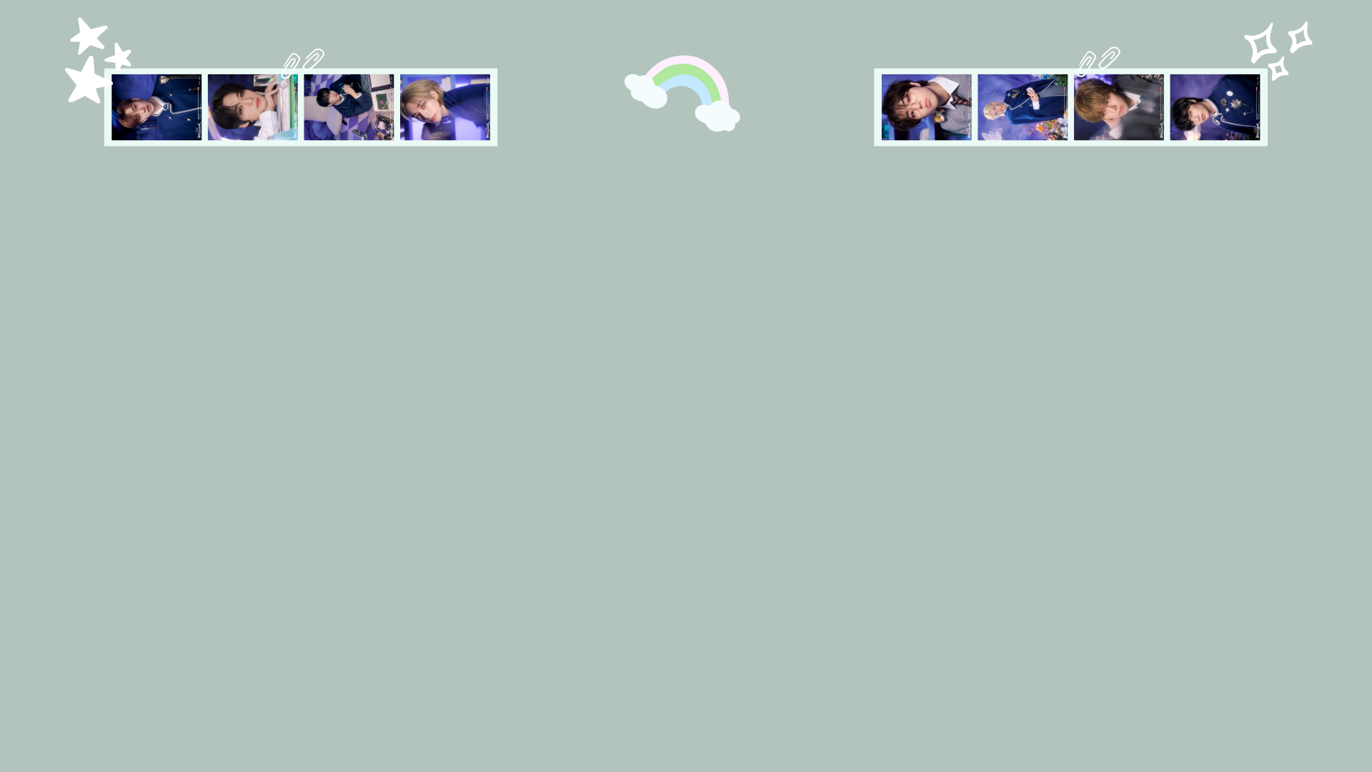 HD PC desktop wallpaper with a muted green background, tiny film-strip portraits of a boy band in blue tones at the top corners, and a small rainbow and white doodle accents.