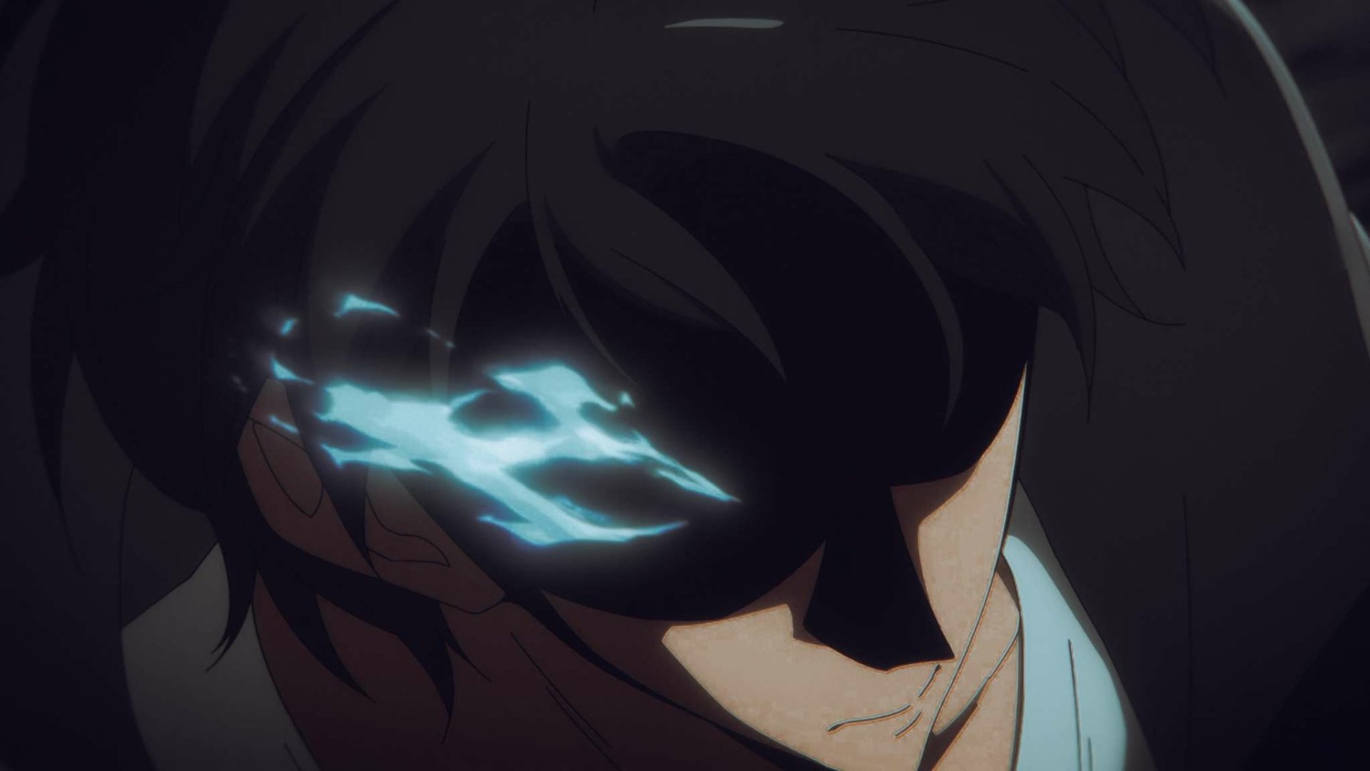 HD anime wallpaper featuring Sung Jin-Woo from Solo Leveling with glowing blue energy emanating from his eye in a dark, intense scene.