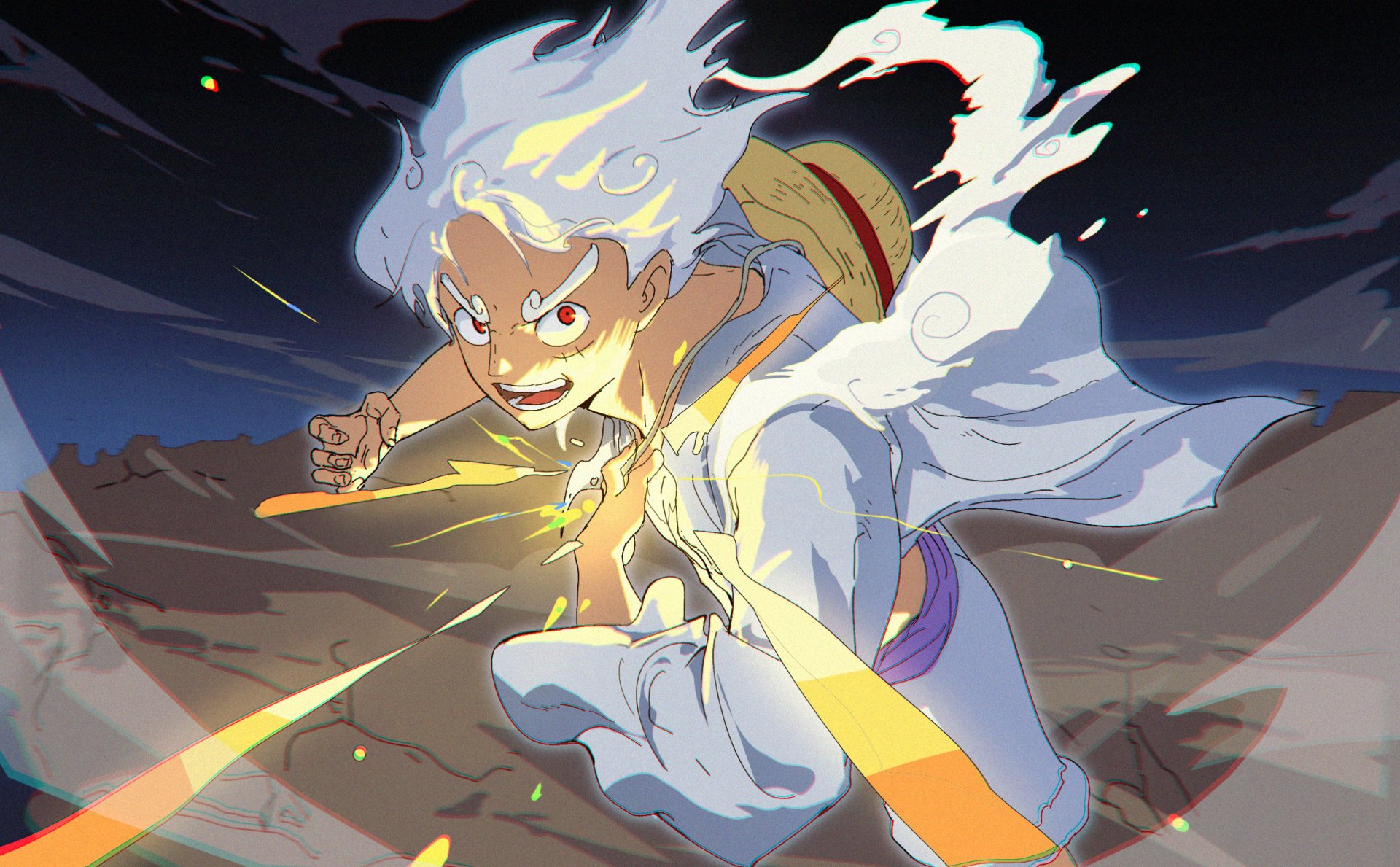 Anime HD desktop wallpaper featuring Monkey D. Luffy in his Gear 5 form from One Piece, surrounded by dynamic energy and intense movement.