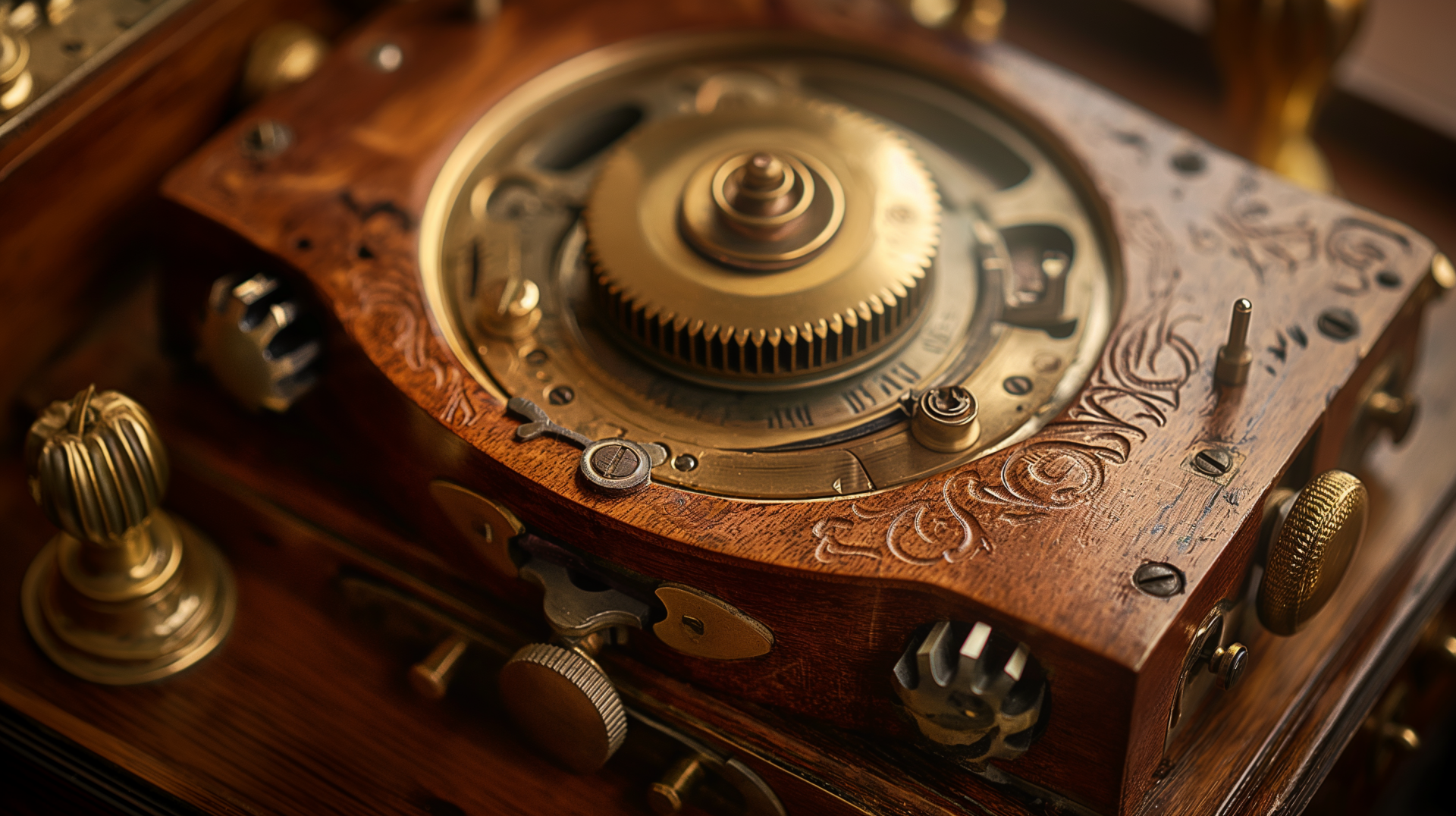 Close-up HD wallpaper of a carved wooden music box with intricate details and metallic elements.