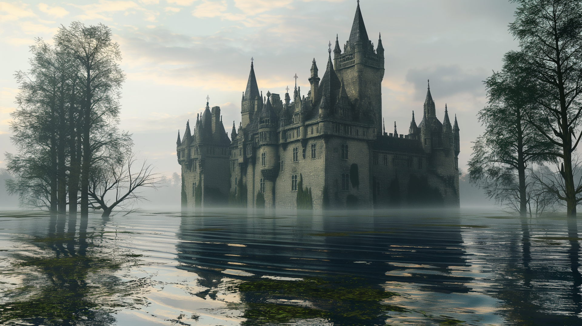 Enchanting HD desktop wallpaper of a castle surrounded by a flooded landscape with mist over the water's surface.
